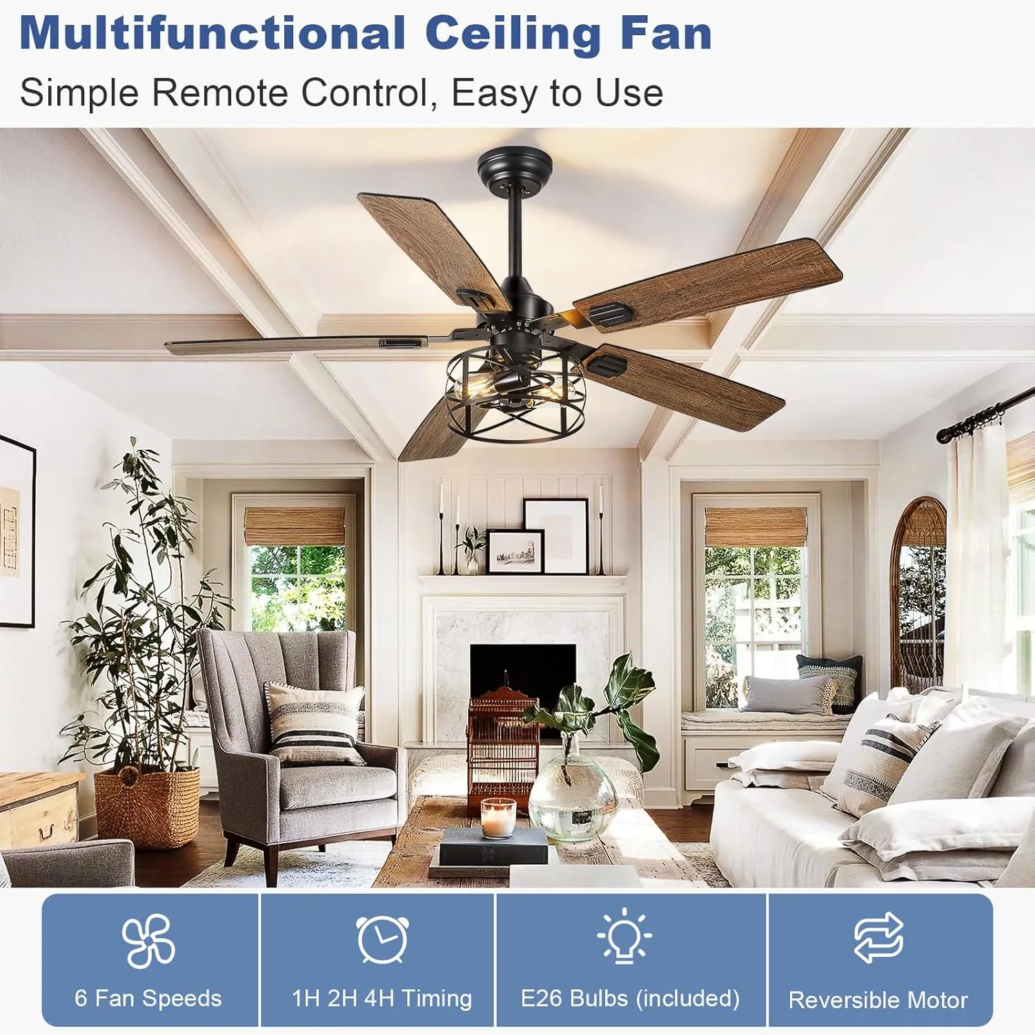 Depuley 52-Inch Ceiling Fans with Lights: Caged Ceiling Fans Dual Finish 5 Blades - Rustic Ceiling Fan with Remote Control for Farmhouse Living Room Outdoor Porch (E26 Bulb Included)