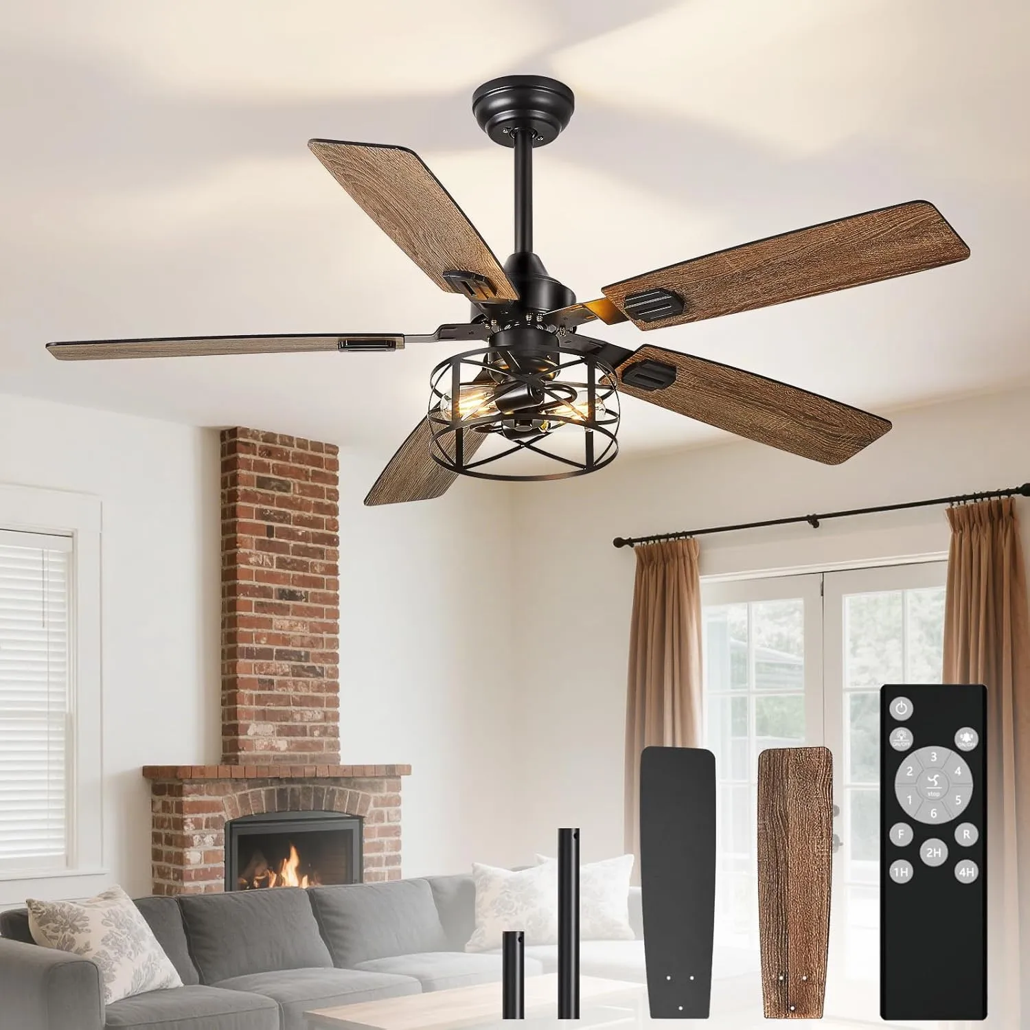Depuley 52-Inch Ceiling Fans with Lights: Caged Ceiling Fans Dual Finish 5 Blades - Rustic Ceiling Fan with Remote Control for Farmhouse Living Room Outdoor Porch (E26 Bulb Included) Fan with safety blade design