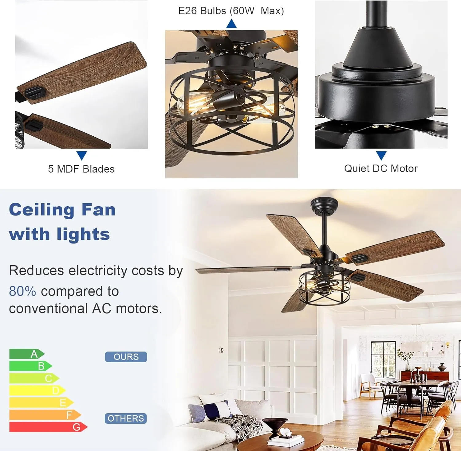 Depuley 52-Inch Ceiling Fans with Lights: Caged Ceiling Fans Dual Finish 5 Blades - Rustic Ceiling Fan with Remote Control for Farmhouse Living Room Outdoor Porch (E26 Bulb Included)