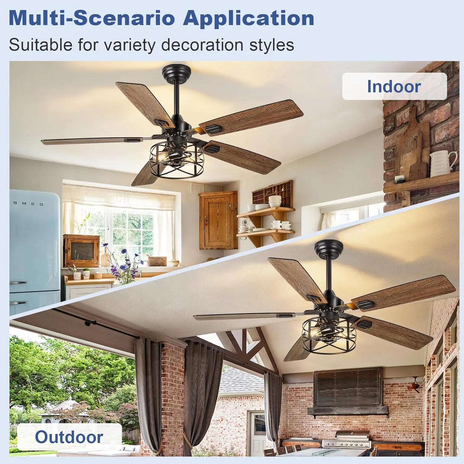 Depuley 52-Inch Ceiling Fans with Lights: Caged Ceiling Fans Dual Finish 5 Blades - Rustic Ceiling Fan with Remote Control for Farmhouse Living Room Outdoor Porch (E26 Bulb Included)