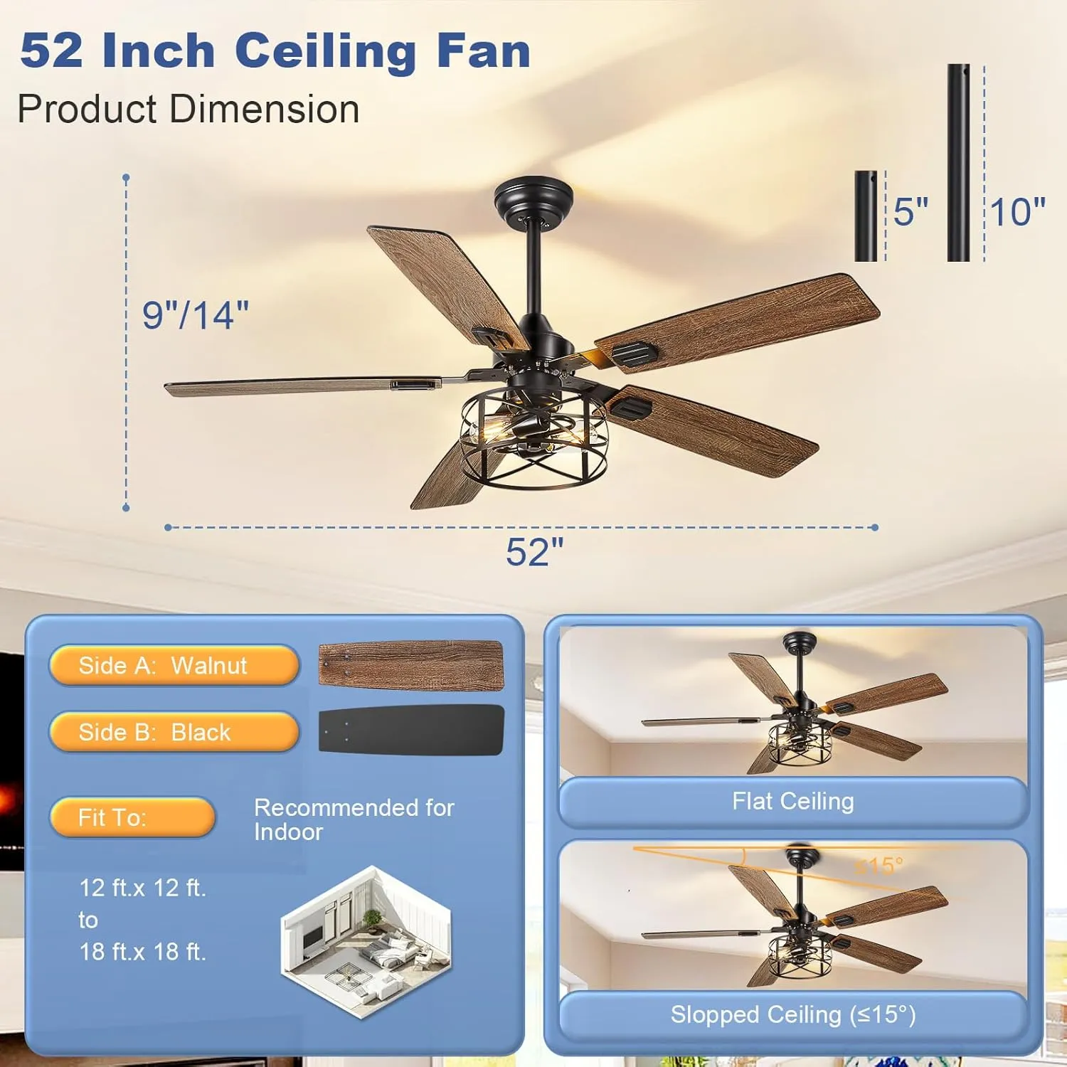 Depuley 52-Inch Ceiling Fans with Lights: Caged Ceiling Fans Dual Finish 5 Blades - Rustic Ceiling Fan with Remote Control for Farmhouse Living Room Outdoor Porch (E26 Bulb Included)