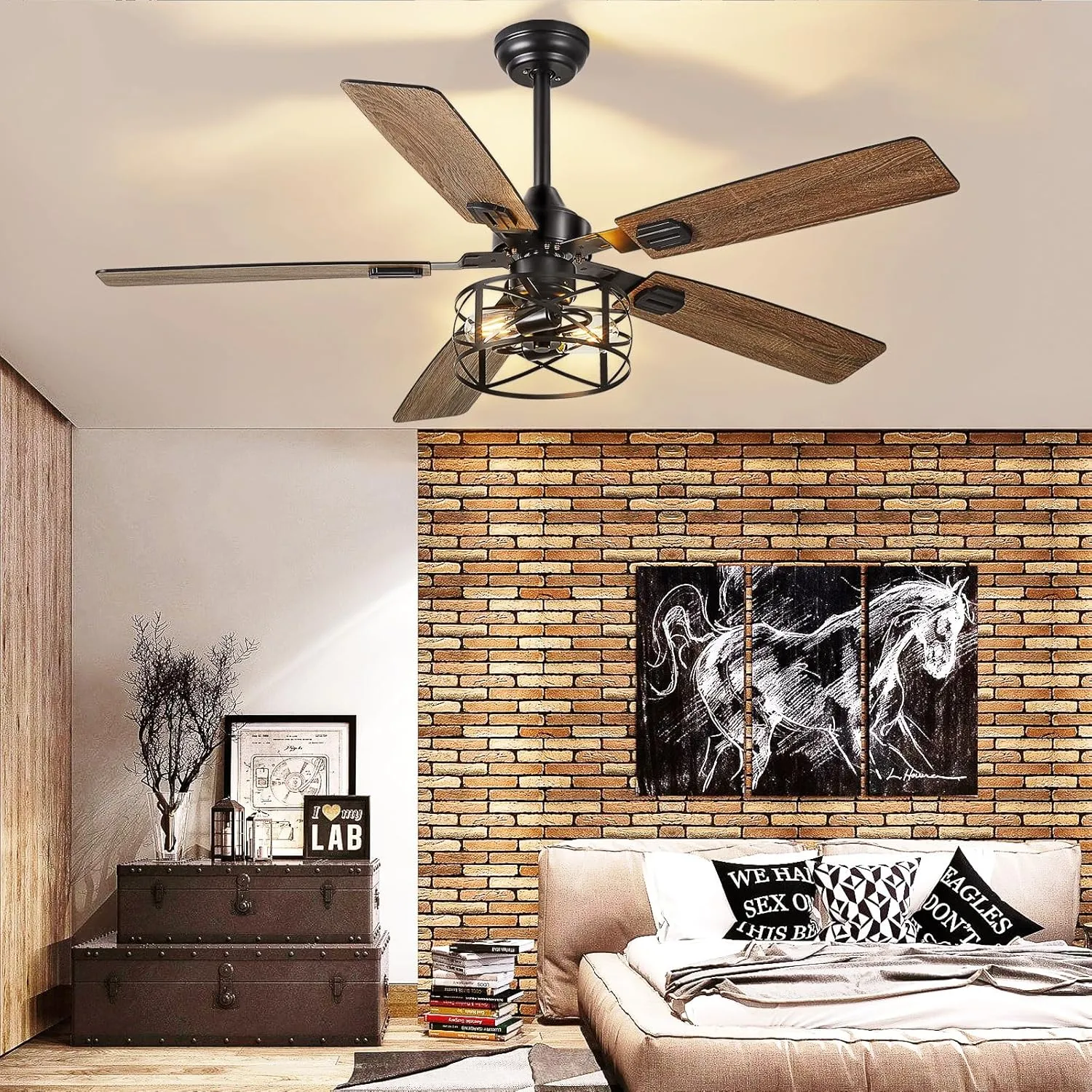 Depuley 52-Inch Ceiling Fans with Lights: Caged Ceiling Fans Dual Finish 5 Blades - Rustic Ceiling Fan with Remote Control for Farmhouse Living Room Outdoor Porch (E26 Bulb Included)