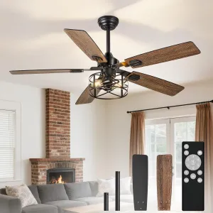 Depuley 52-Inch Ceiling Fans with Lights: Caged Ceiling Fans Dual Finish 5 Blades - Rustic Ceiling Fan with Remote Control for Farmhouse Living Room Outdoor Porch (E26 Bulb Included) Fan with safety blade design