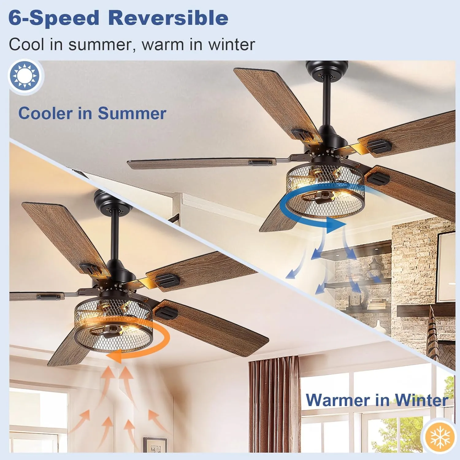 Depuley 52-Inch Ceiling Fans with Lights: Caged Ceiling Fans Dual Finish 5 Blades - Rustic Ceiling Fan with Remote Control for Industrial Living Room Outdoor Patio (E26 Bulb Included)