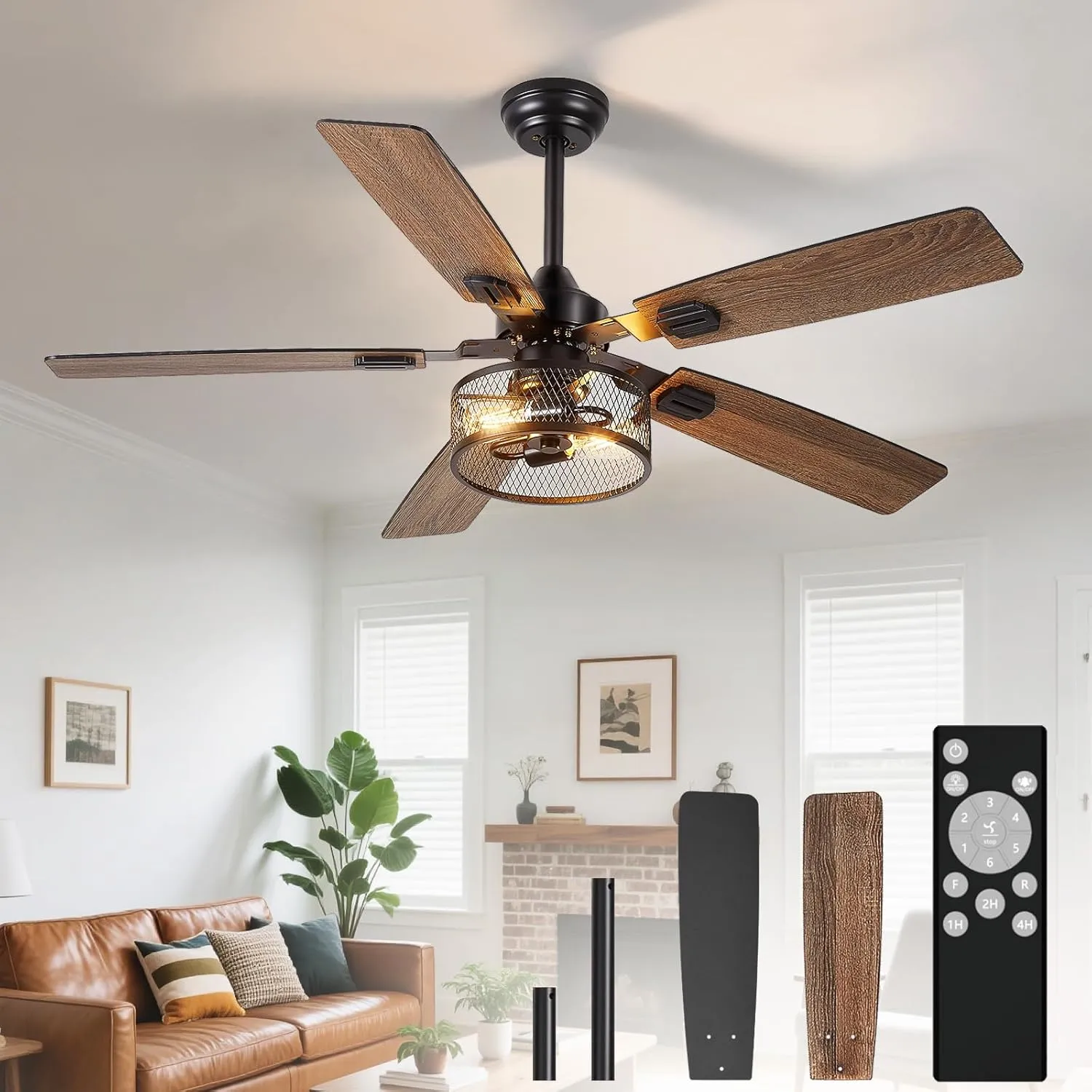 Depuley 52-Inch Ceiling Fans with Lights: Caged Ceiling Fans Dual Finish 5 Blades - Rustic Ceiling Fan with Remote Control for Industrial Living Room Outdoor Patio (E26 Bulb Included) Fan with safety blade design
