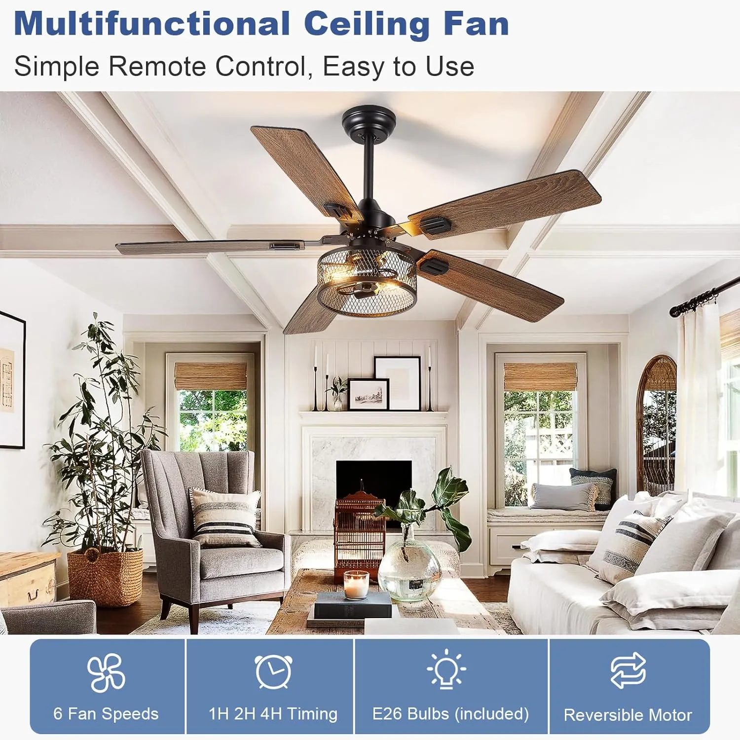 Depuley 52-Inch Ceiling Fans with Lights: Caged Ceiling Fans Dual Finish 5 Blades - Rustic Ceiling Fan with Remote Control for Industrial Living Room Outdoor Patio (E26 Bulb Included)