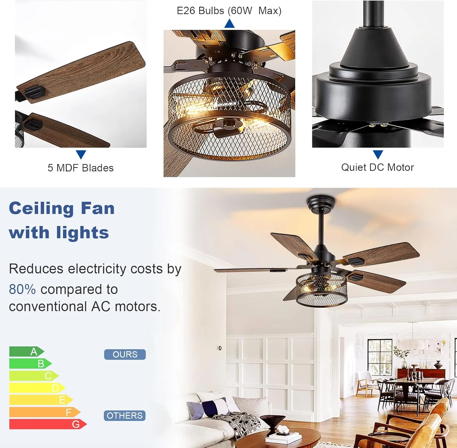 Depuley 52-Inch Ceiling Fans with Lights: Caged Ceiling Fans Dual Finish 5 Blades - Rustic Ceiling Fan with Remote Control for Industrial Living Room Outdoor Patio (E26 Bulb Included)