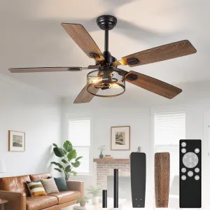 Depuley 52-Inch Ceiling Fans with Lights: Caged Ceiling Fans Dual Finish 5 Blades - Rustic Ceiling Fan with Remote Control for Industrial Living Room Outdoor Patio (E26 Bulb Included) Fan with safety blade design
