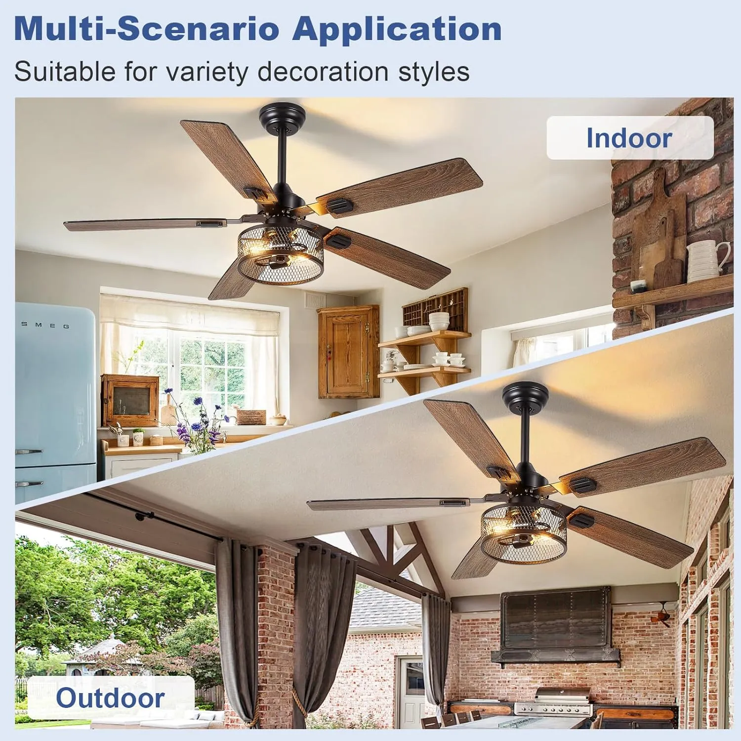 Depuley 52-Inch Ceiling Fans with Lights: Caged Ceiling Fans Dual Finish 5 Blades - Rustic Ceiling Fan with Remote Control for Industrial Living Room Outdoor Patio (E26 Bulb Included)