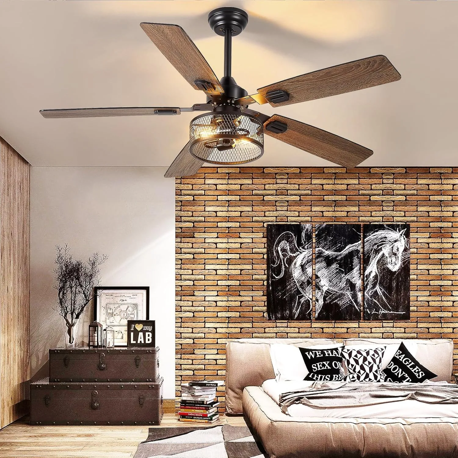 Depuley 52-Inch Ceiling Fans with Lights: Caged Ceiling Fans Dual Finish 5 Blades - Rustic Ceiling Fan with Remote Control for Industrial Living Room Outdoor Patio (E26 Bulb Included)