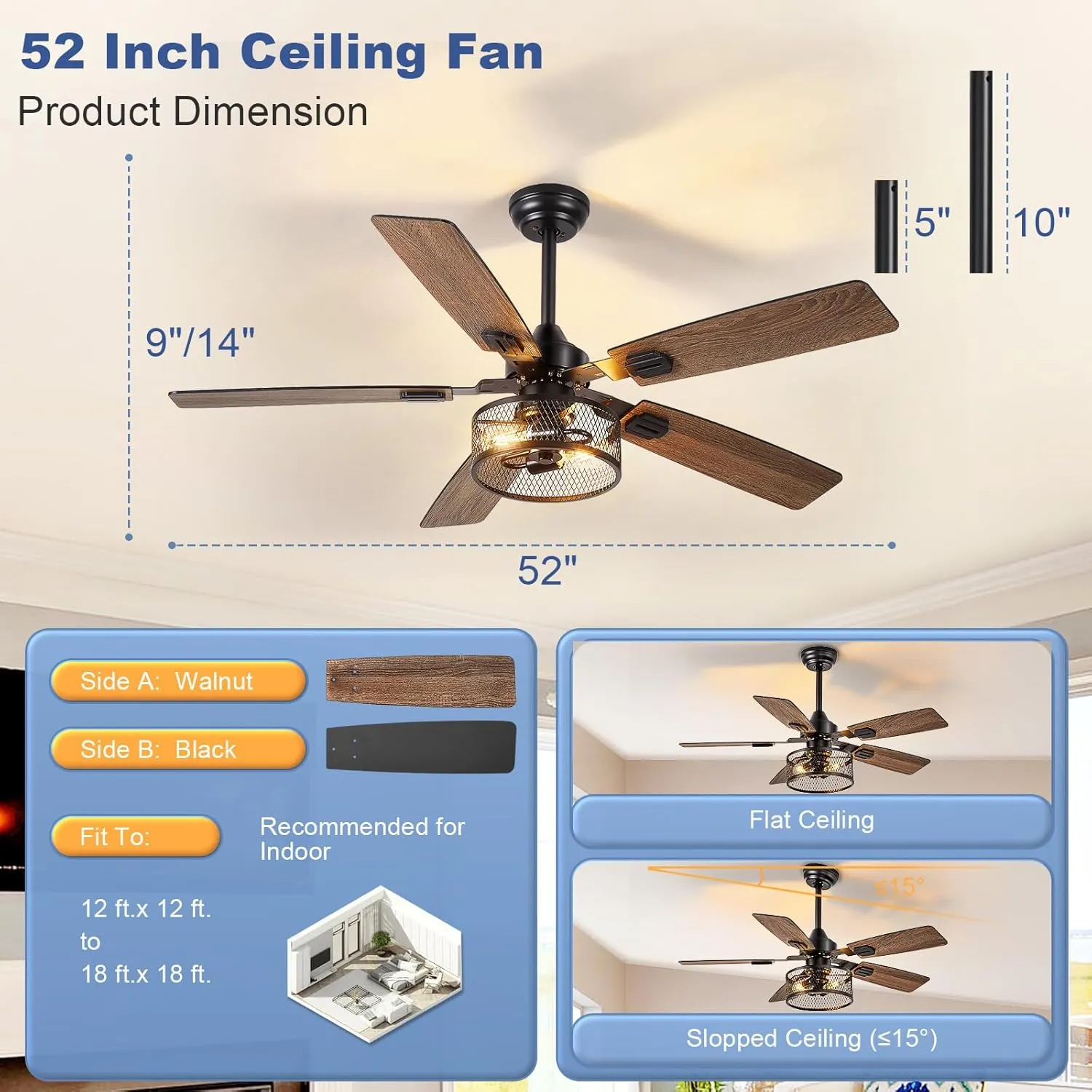 Depuley 52-Inch Ceiling Fans with Lights: Caged Ceiling Fans Dual Finish 5 Blades - Rustic Ceiling Fan with Remote Control for Industrial Living Room Outdoor Patio (E26 Bulb Included)