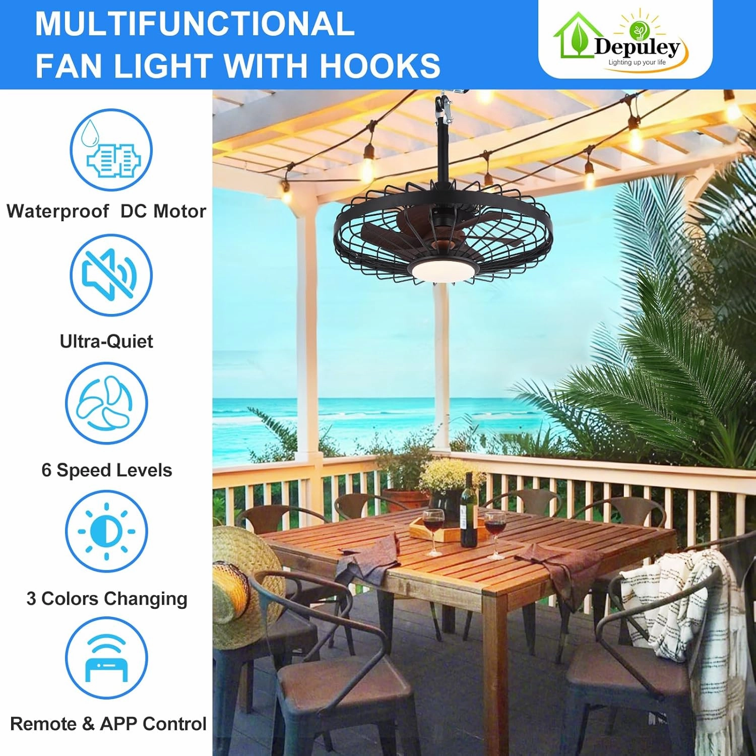 Depuley Outdoor Ceiling Fan with Light: 20 Inch Waterproof Gazebo Fans with Lights Outdoor Hanging - Plug in Remote App Control Caged Fans for Patios Pergola Porch Canopy - 6 Speed Black and Walnut