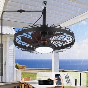Depuley Outdoor Ceiling Fan with Light: 20 Inch Waterproof Gazebo Fans with Lights Outdoor Hanging - Plug in Remote App Control Caged Fans for Patios Pergola Porch Canopy - 6 Speed Black and Walnut App-controlled remote fan for convenience