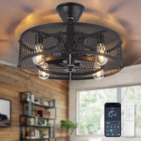 Depuley Outdoor Ceiling Fan with Light: 20" Caged Ceiling Fans with Remote App Control for Patio Kitchen Bedroom - Farmhouse Fandelier Flush Mount Lights Fixture Reversible 6 Speed Timer Black App-controlled remote fan for convenience