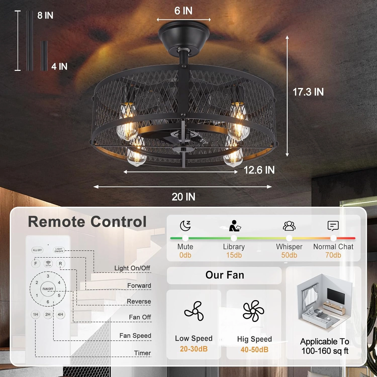 Depuley Outdoor Ceiling Fan with Light: 20" Caged Ceiling Fans with Remote App Control for Patio Kitchen Bedroom - Farmhouse Fandelier Flush Mount Lights Fixture Reversible 6 Speed Timer Black