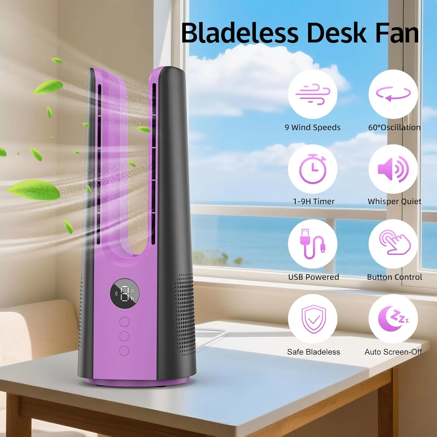 Desk Fan, 13.4 Inch Portable Bladeless Fan, Small Quiet Table Fan with 60Oscillating, 9 Speeds & 9H Timer, LED Display, Button Control, Easy to Clean, Personal Desktop Fan for Bedroom, OfficeGray