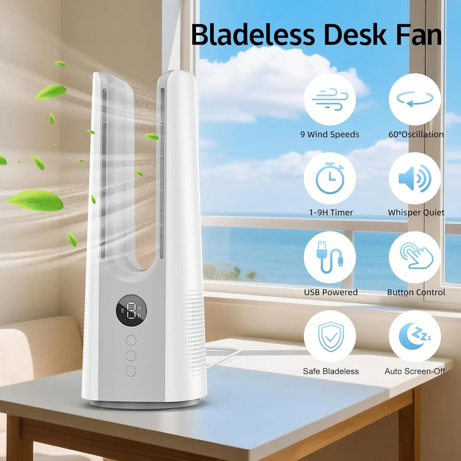 Desk Fan, 13.4 Inch Portable Bladeless Fan, Small Quiet Table Fan with 60Oscillating, 9 Speeds & 9H Timer, LED Display, Button Control, Easy to Clean, Personal Desktop Fan for Bedroom, OfficeWhite