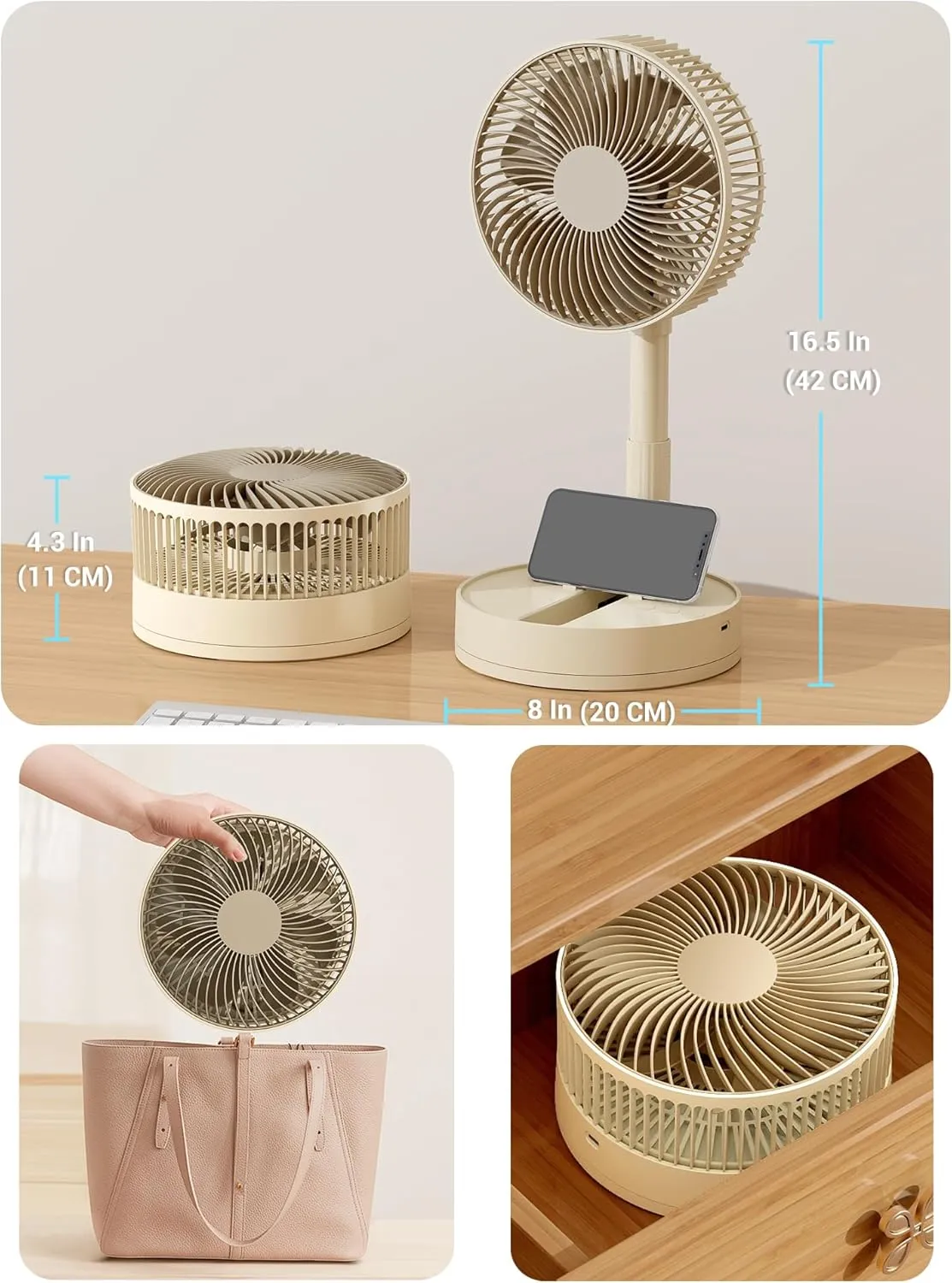 Desk Fan, 5400mAh Rechargeable Oscillating Portable Fan,8'' Battery Powered Fan for Bedroom, 4 Speeds  8H Timer Small Travel Fans for Outdoor, Khaki