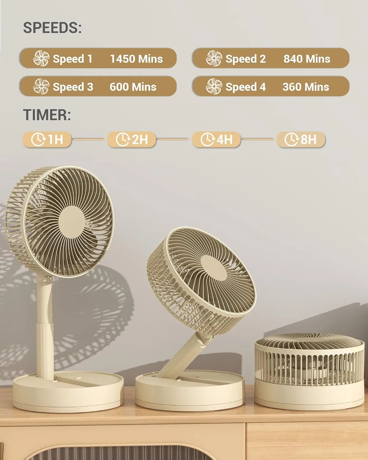 Desk Fan, 5400mAh Rechargeable Oscillating Portable Fan,8'' Battery Powered Fan for Bedroom, 4 Speeds  8H Timer Small Travel Fans for Outdoor, Khaki