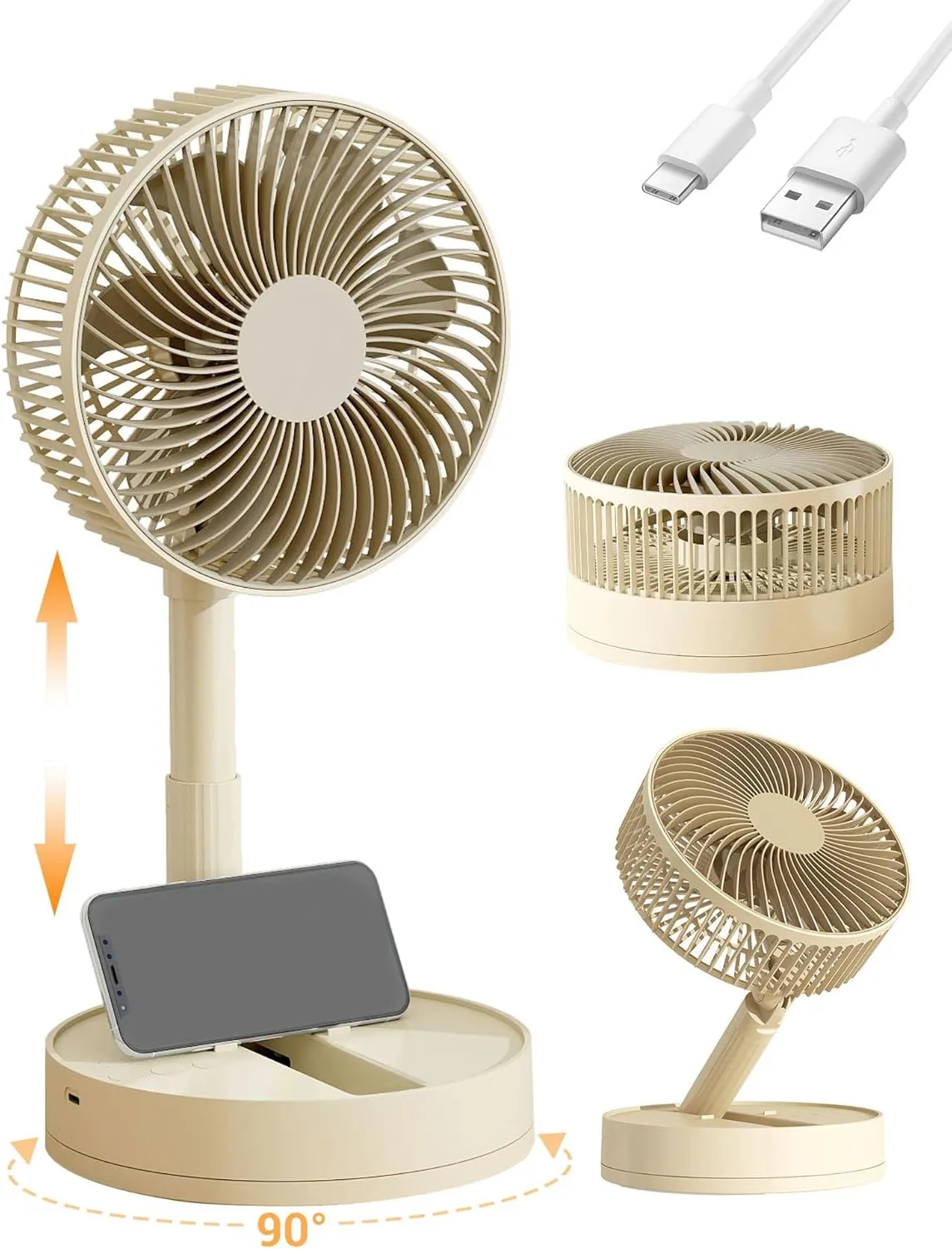 Desk Fan, 5400mAh Rechargeable Oscillating Portable Fan,8'' Battery Powered Fan for Bedroom, 4 Speeds  8H Timer Small Travel Fans for Outdoor, Khaki Octopus-shaped decorative fan