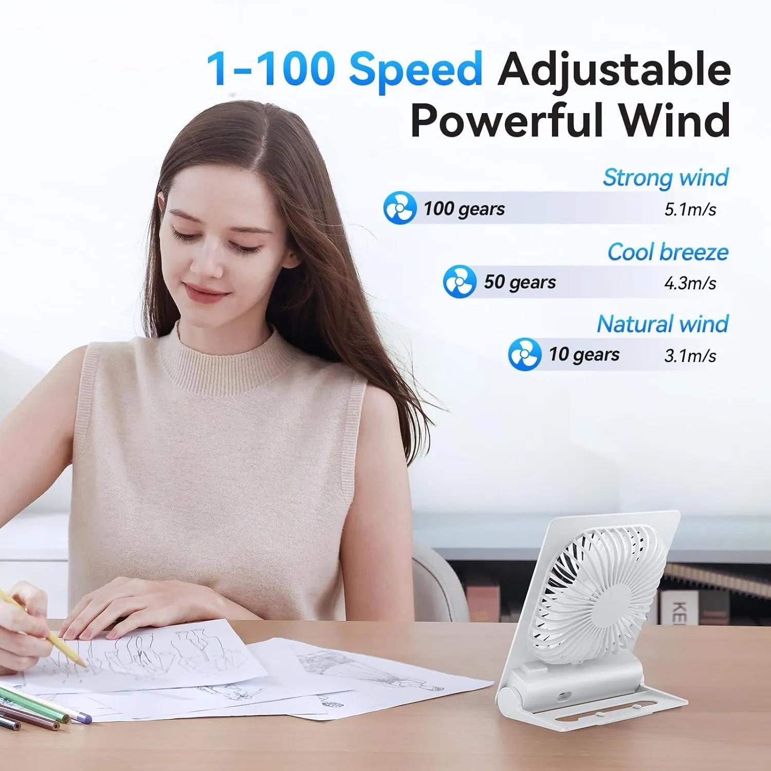 Desk Fan, 6.61''Ultra-thin 5000mAh Battery Powered Fan with Powerful Wind,100 Speeds Adjustable&Digital Display,Timer,Ultra-quiet Small Portable Fan for Bedroom,Office,Travel,Summer Essentials
