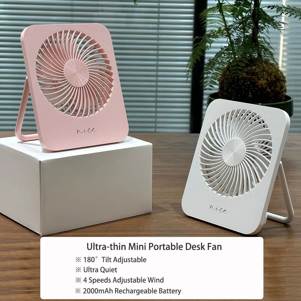 Desk Fan Battery Operated Portable Fan,2000mAh USB Rechargeable Fan, 4 Speeds Adjustable 180Tilt Ultra-thin Mini Personal Fan For Home,Desktop,Camping,Travel (White)