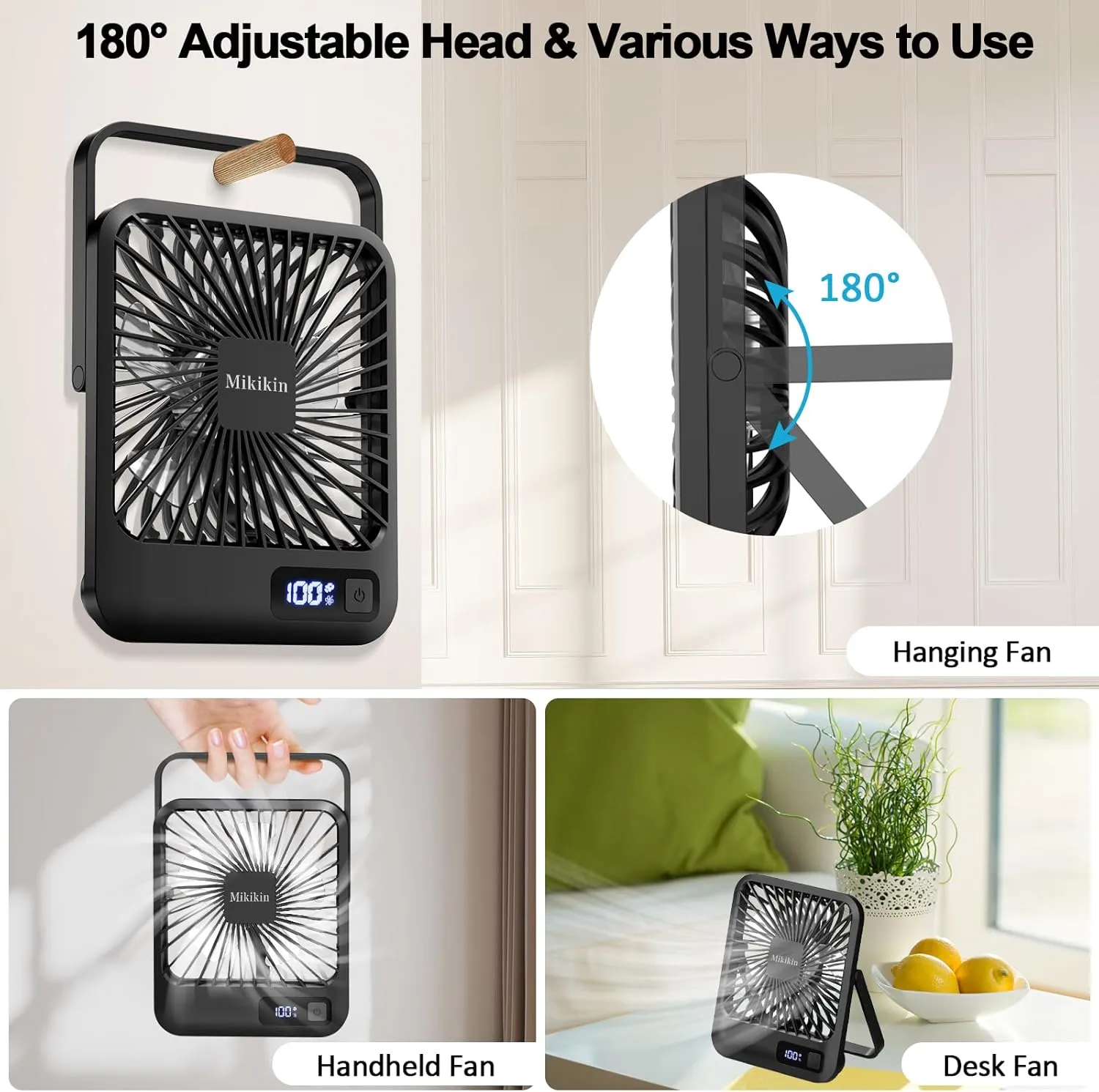 Desk Fan Battery Operated, Portable USB Rechargeable Fan, 2000mAh 180 Tilt Folding Personal Fan With Power Display, 5 Speeds Ultra Quiet Table Fan for Desktop, Home, Travel - Black