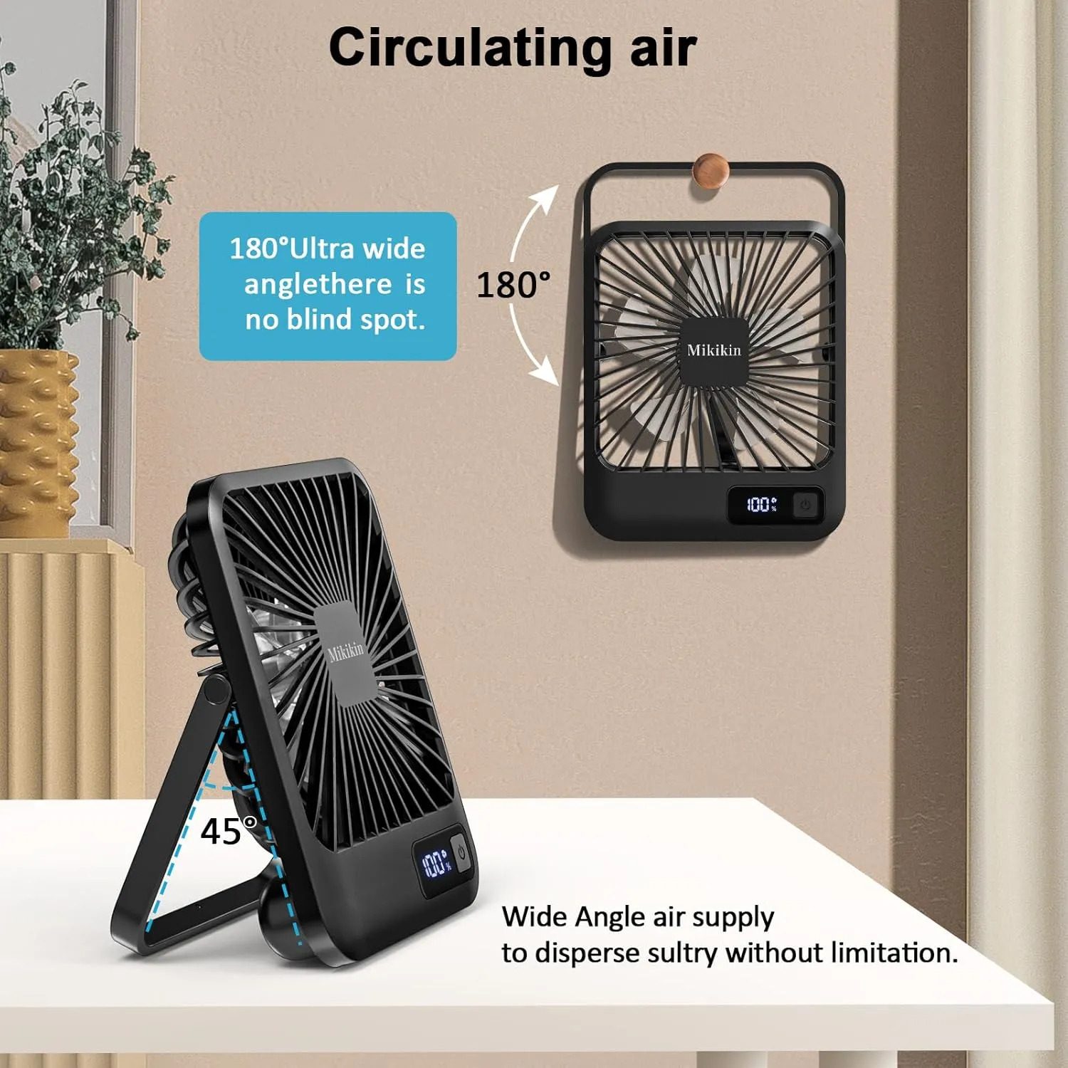 Desk Fan Battery Operated, Portable USB Rechargeable Fan, 2000mAh 180 Tilt Folding Personal Fan With Power Display, 5 Speeds Ultra Quiet Table Fan for Desktop, Home, Travel - Black