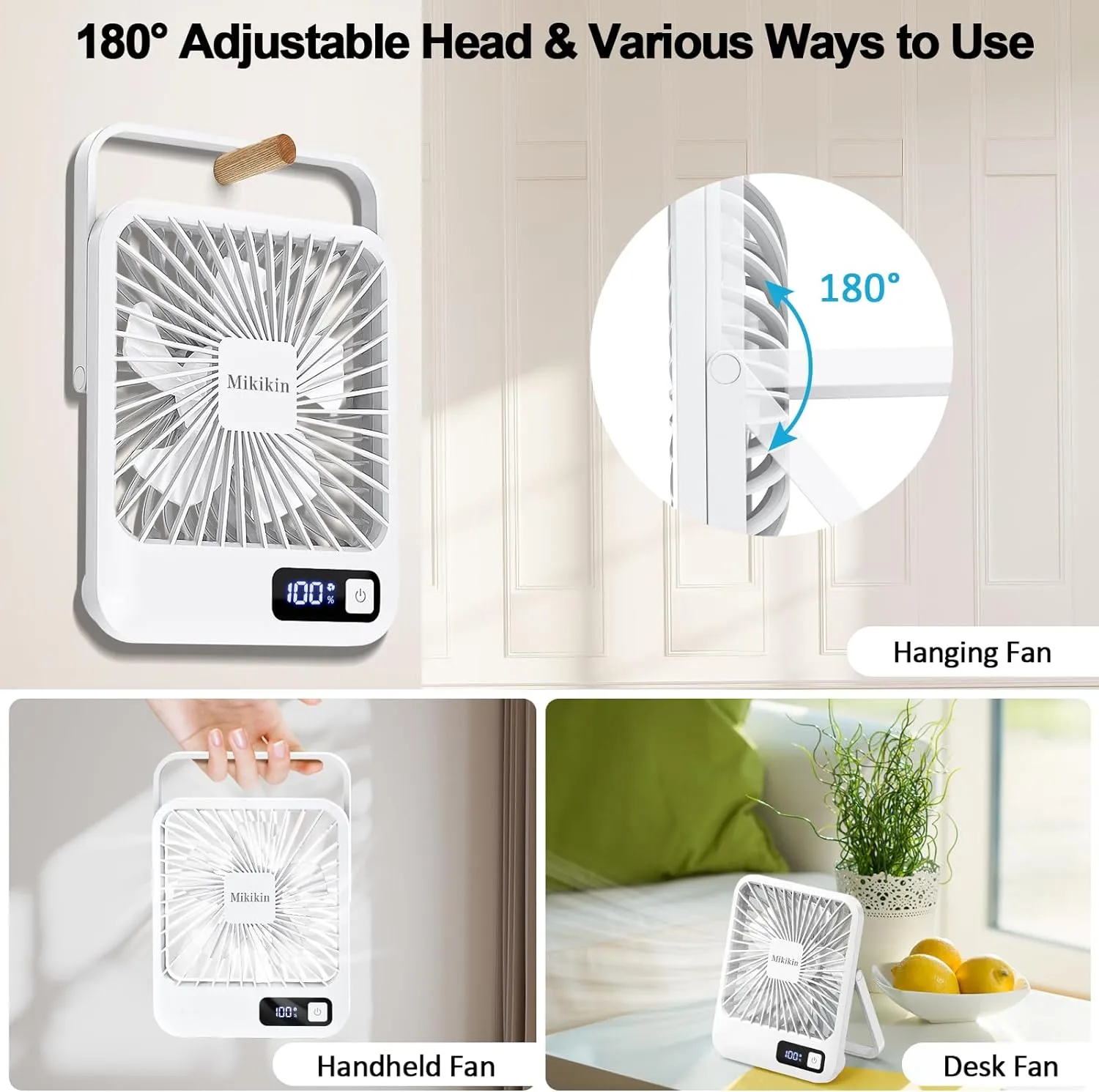 Desk Fan Battery Operated, Portable USB Rechargeable Fan, 2000mAh 180 Tilt Folding Personal Fan With Power Display, 5 Speeds Ultra Quiet Table Fan for Desktop, Home, Travel (White)