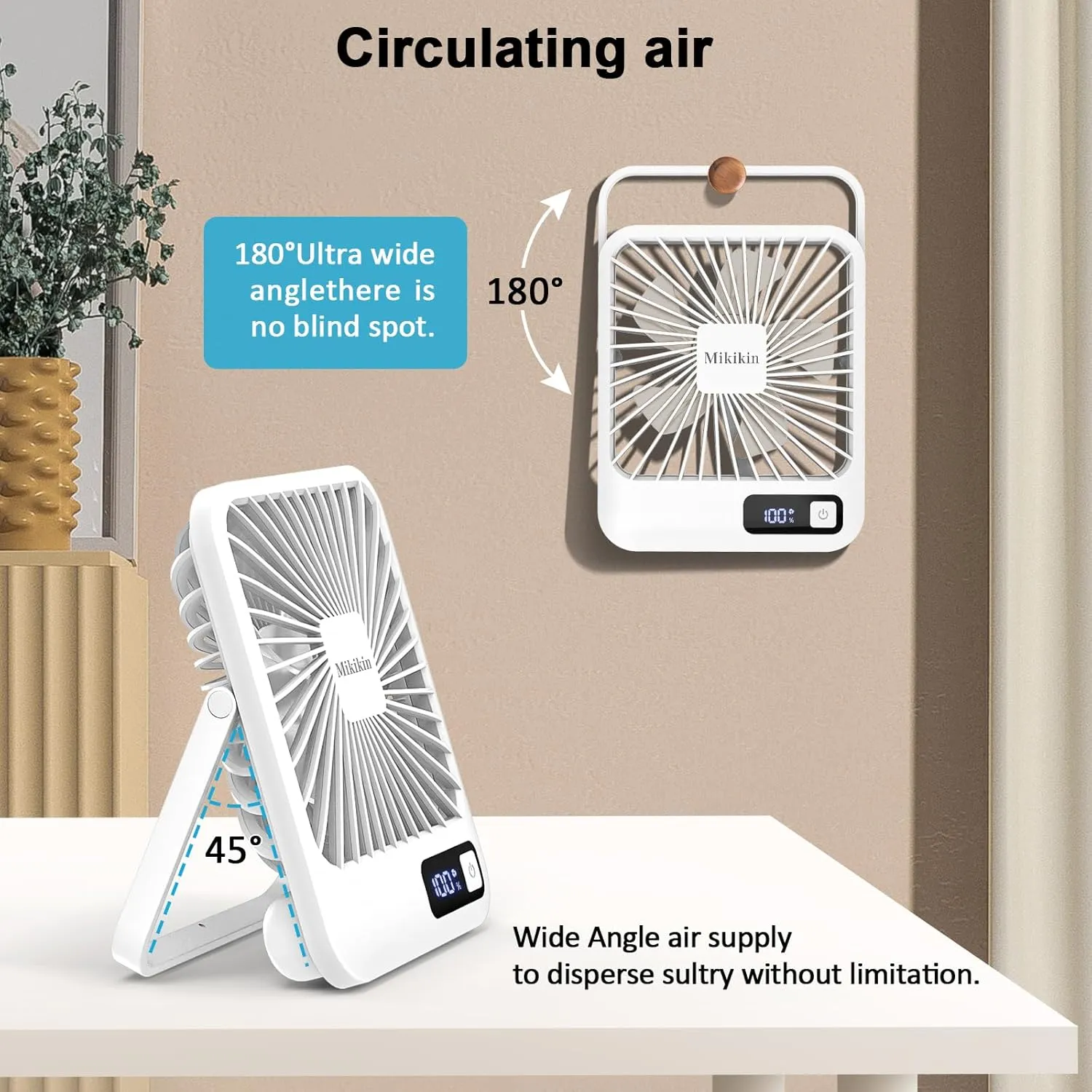 Desk Fan Battery Operated, Portable USB Rechargeable Fan, 2000mAh 180 Tilt Folding Personal Fan With Power Display, 5 Speeds Ultra Quiet Table Fan for Desktop, Home, Travel (White)