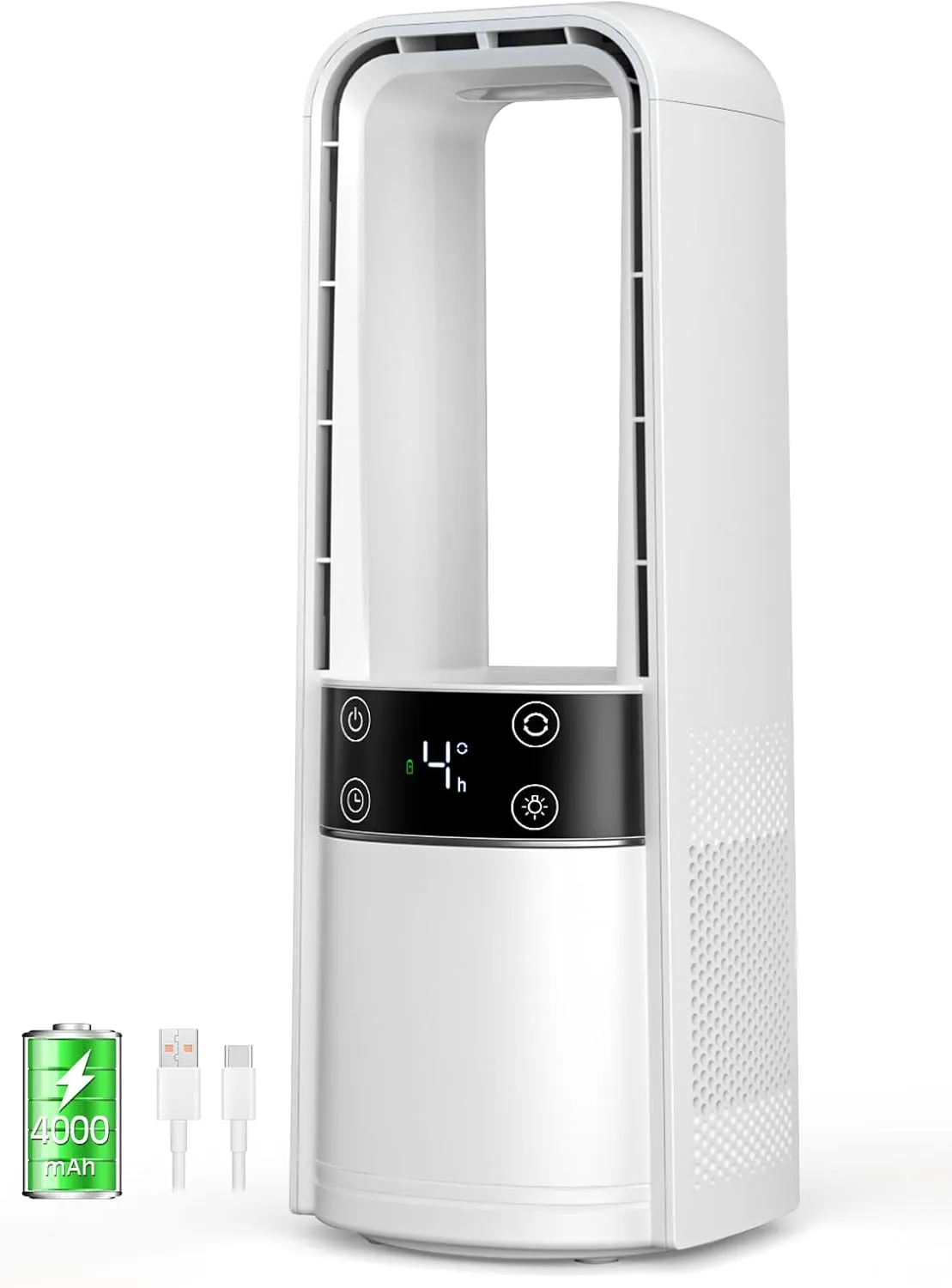 Desk Fan Bladeless, 120 Oscillating Fan Rechargeable, Quiet Fan with Night Light, Smart LED Touch Control, 4 Speed & 9H Timer, Small Table Fan, Auto Display Off, Ideal for Bedside, Office, Study Room Desktop fan with humidification feature