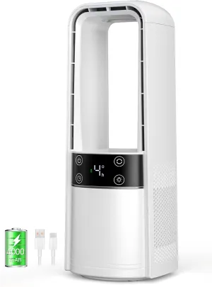 Desk Fan Bladeless, 120 Oscillating Fan Rechargeable, Quiet Fan with Night Light, Smart LED Touch Control, 4 Speed & 9H Timer, Small Table Fan, Auto Display Off, Ideal for Bedside, Office, Study Room Desktop fan with humidification feature