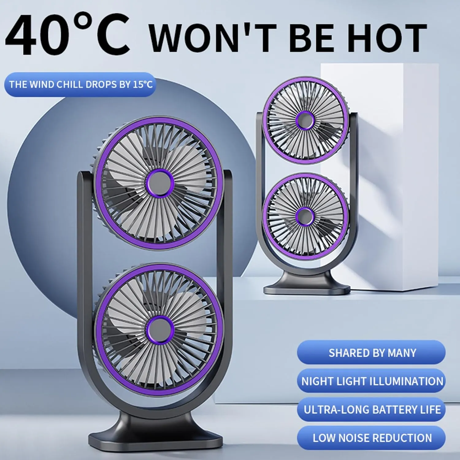 Desk Fan, Rechargeable Portable Fan With 360  Rotate Head, LED Digital Power display&3-Speed Wind Adjustment Function, Ultra Quiet Small Fan For Home, Kitchen,Travel, Camping, Bedroom, Office(Double)