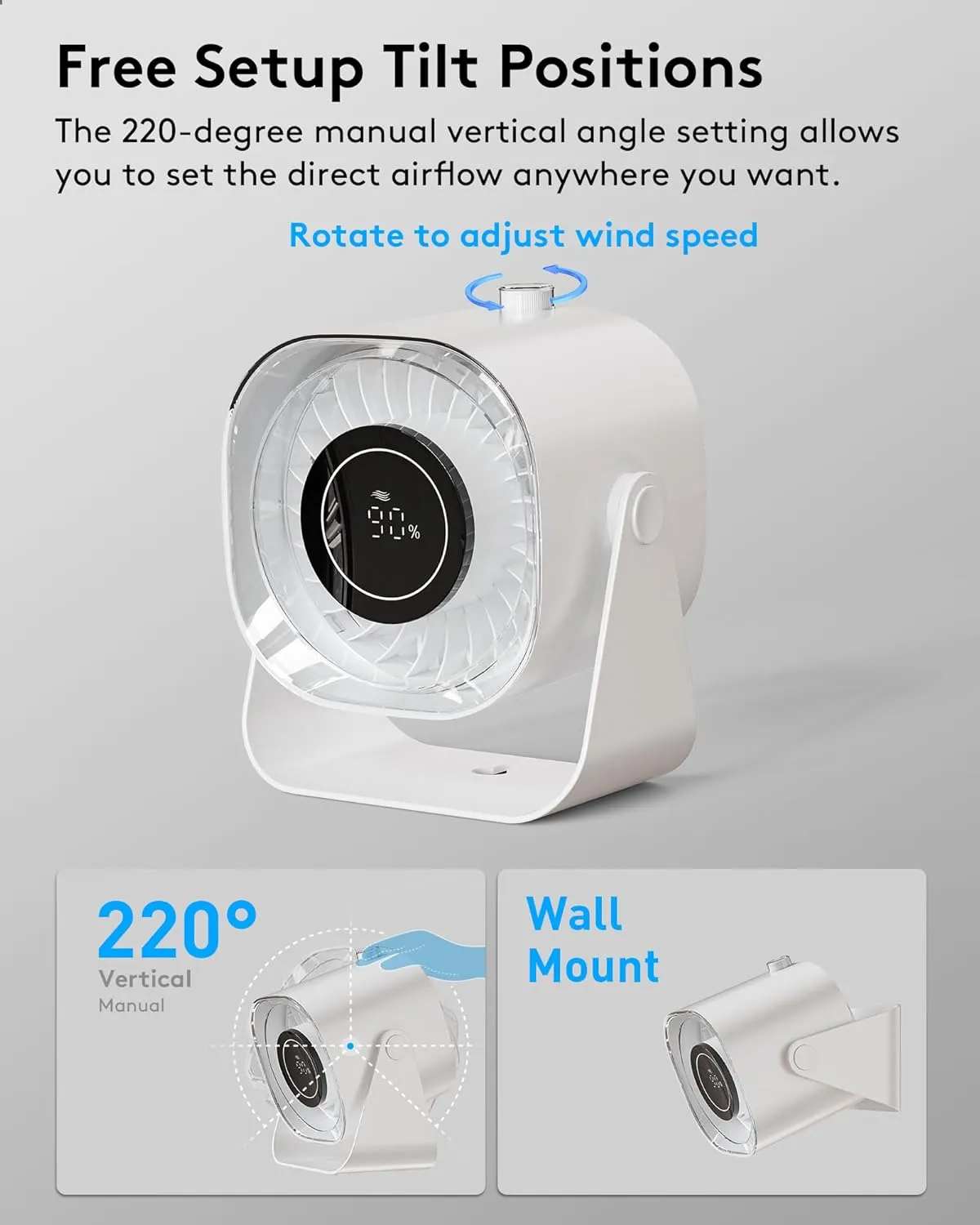 Desk Fan, Small Fans for Bedroom, Mini Fan 6 Inches,Table Air Circulator Fans for Desk, Rechargeable Battery Operated Fan with 100 Speeds, 220 Adjustable Tilt, 28 db Low Noise, White