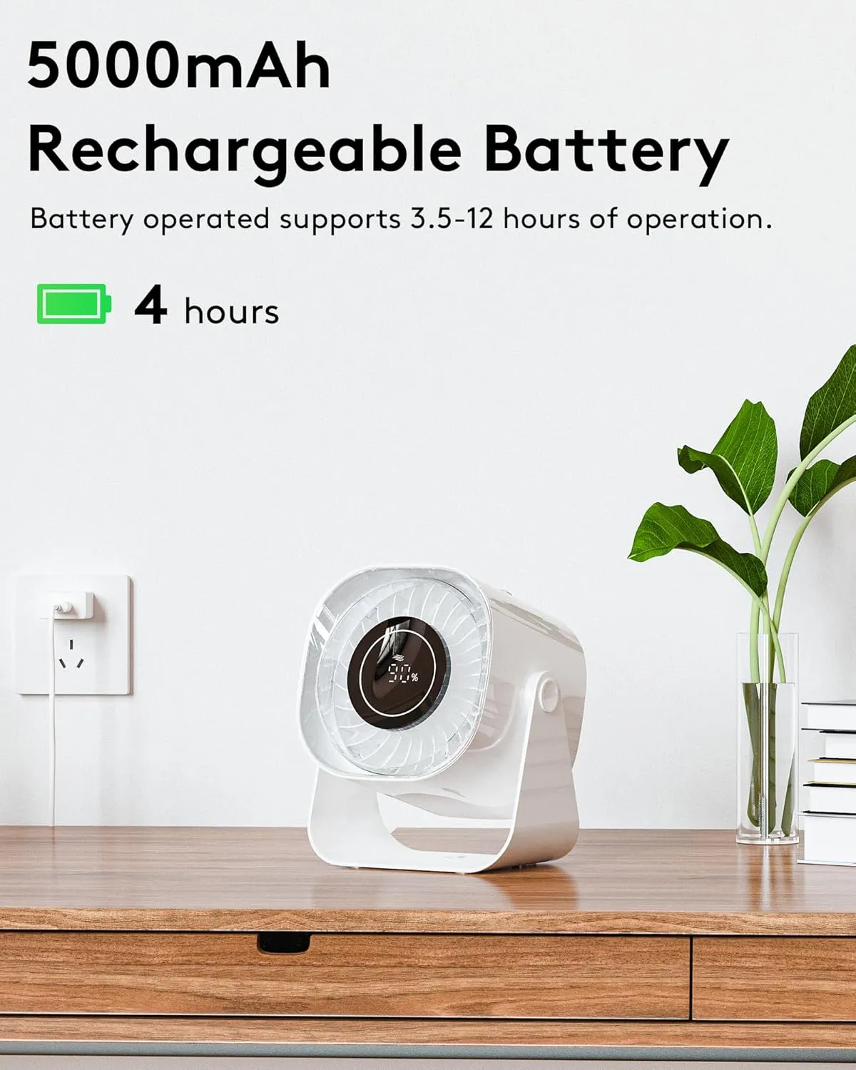 Desk Fan, Small Fans for Bedroom, Mini Fan 6 Inches,Table Air Circulator Fans for Desk, Rechargeable Battery Operated Fan with 100 Speeds, 220 Adjustable Tilt, 28 db Low Noise, White
