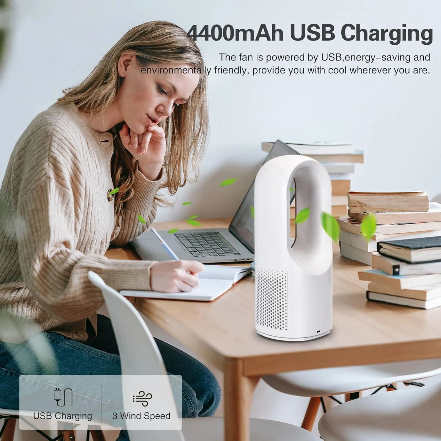 Desk Fan, Small Quiet Bladeless Fan 11.8 Inch USB Table Fan, Portable Rechargeable Battery Operated Fan with Touch Control 3 Cooling Speeds, Personal Desktop Fan for Bedroom Office Home