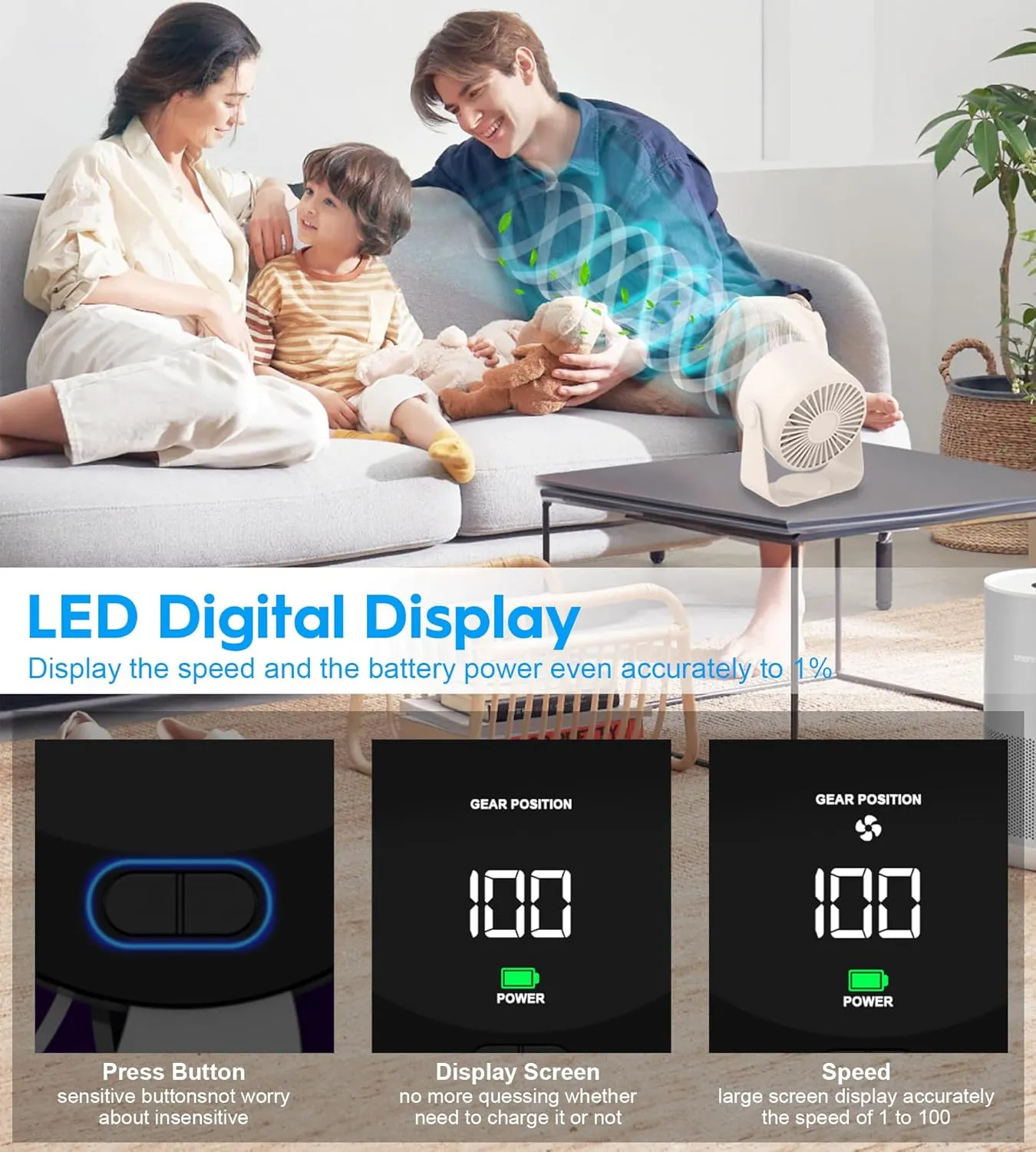 Desk Fan, Table Fan for Cooling,Digital Display and Wall-Mount,Quiet Portable Fan for Bedside,Travel Camping,Office, Kitchen White