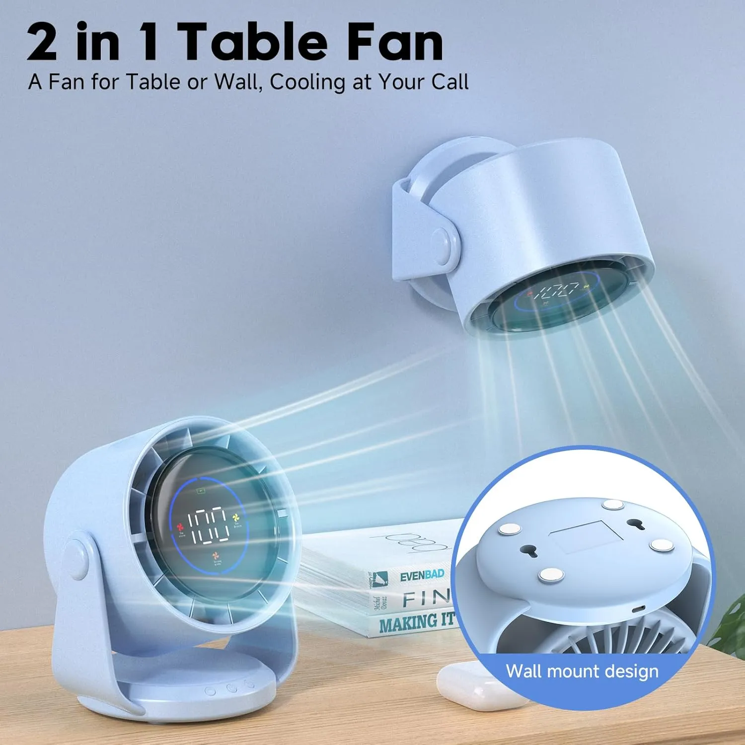 Desk Fan, Turbo Table Fan for Bedroom, 100-Speed Digital Display, Low Noise, 105 Adjustable Tilt, 7.5-inch, Rechargeable Battery, Wall-Mouted Design for Home, Office, Travel Blue