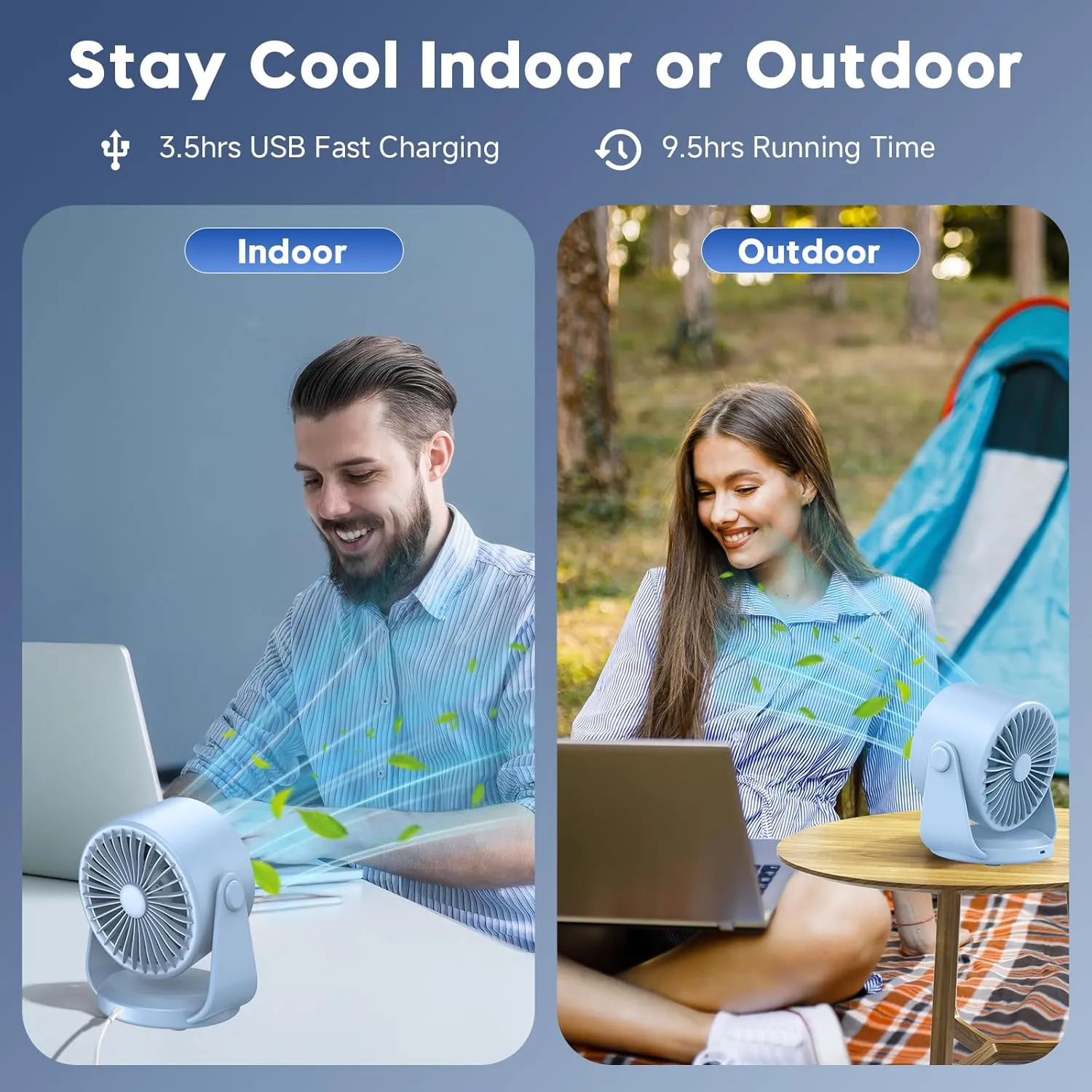 Desk Fan, Turbo Table Fan for Bedroom, 100-Speed Digital Display, Low Noise, 105 Adjustable Tilt, 7.5-inch, Rechargeable Battery, Wall-Mouted Design for Home, Office, Travel Blue