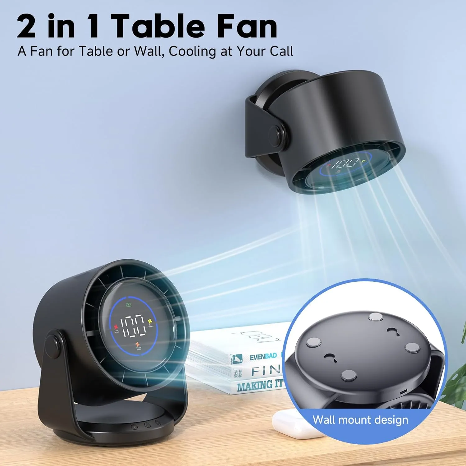 Desk Fan, Turbo Table Fan for Bedroom, 100-Speed Digital Display, Low Noise, 105 Adjustable Tilt, 7.5-inch, Rechargeable Battery, Wall-Mouted Design for Home, Office, Travel Dark Black