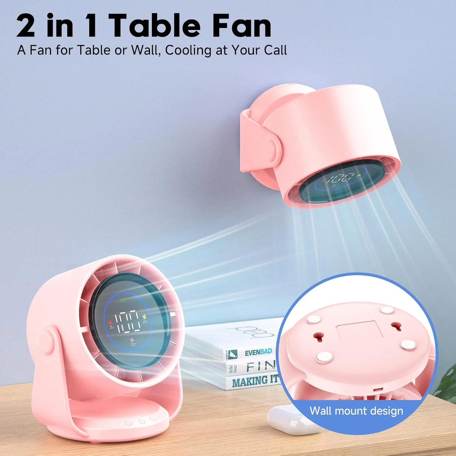 Desk Fan, Turbo Table Fan for Bedroom, 100-Speed Digital Display, Low Noise, 105 Adjustable Tilt, 7.5-inch, Rechargeable Battery, Wall-Mouted Design for Home, Office, Travel Pink
