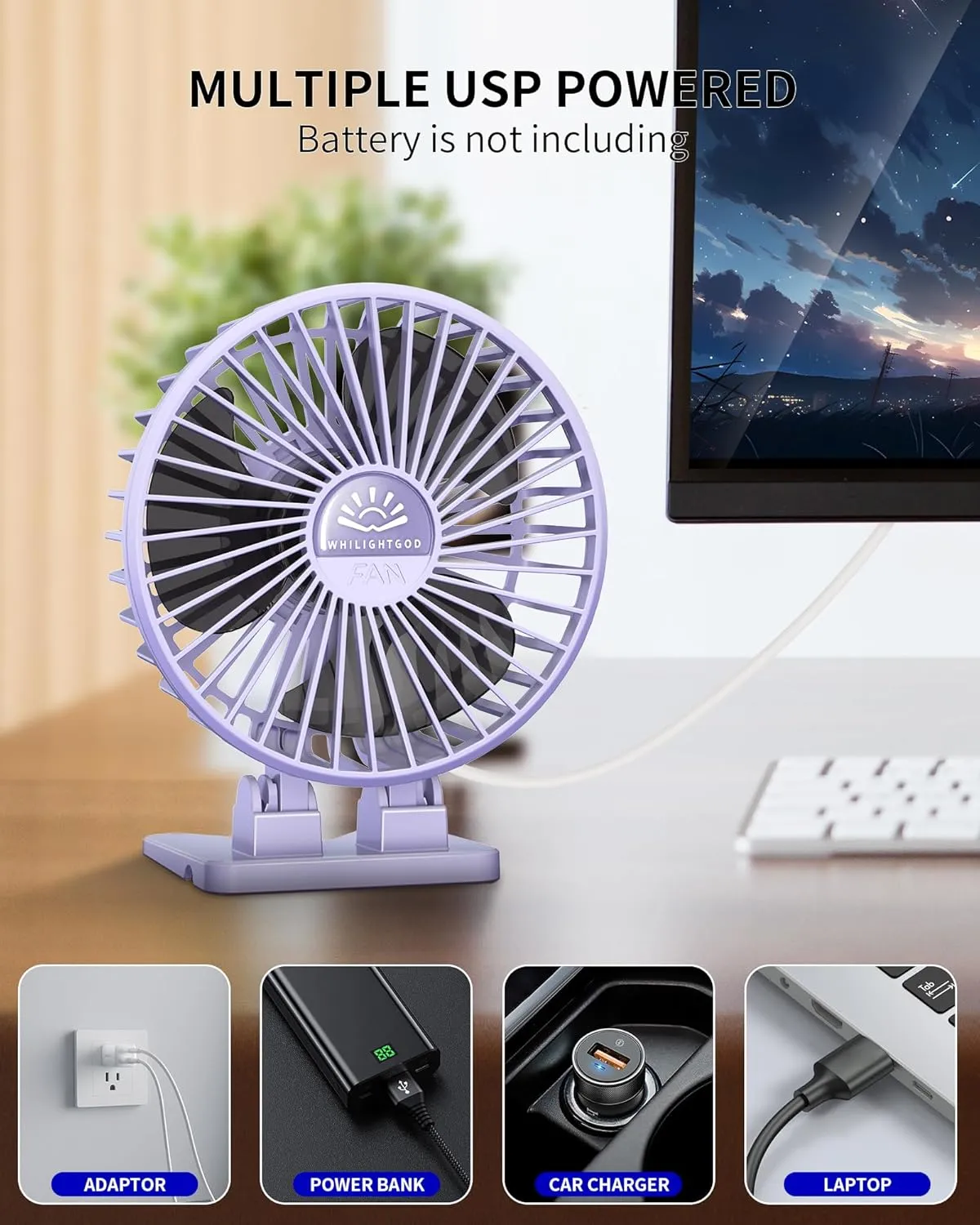 Desk Fan, USB Fan for Desk, Mini Desk Fan, 3 Speed Rotation Strong Wind, Protable Small Desktop Cooling Fan, Quite Mini Personal Fan for Home Office Table Bedroom Travel Curise(Purple)