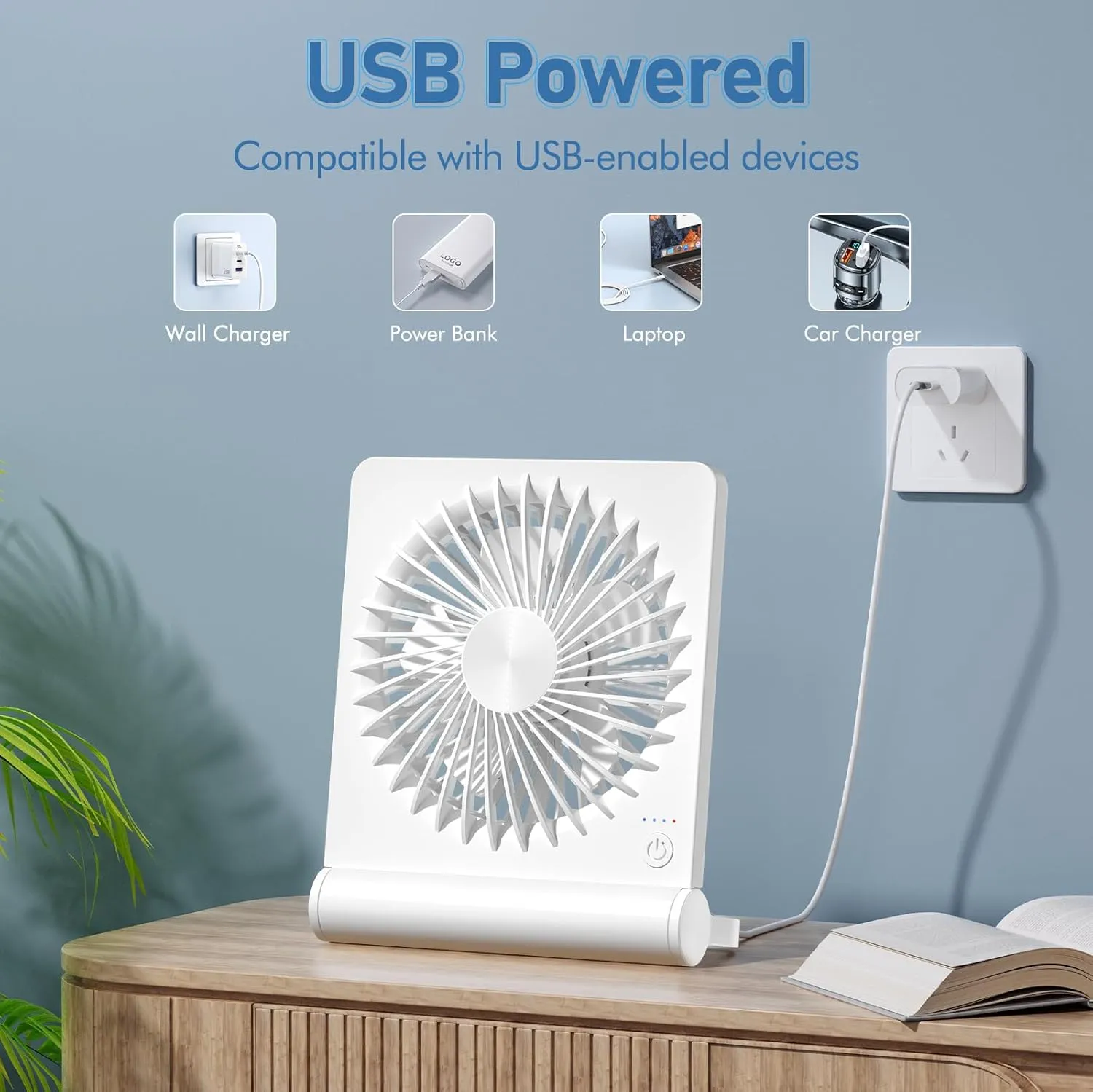 Desk Fan USB Powered with 3 Speeds Adjustable Strong Wind, Ultra Quiet Mini Personal Fan USB-C Corded Powered,220 Tilt Folding Plug In USB Fan