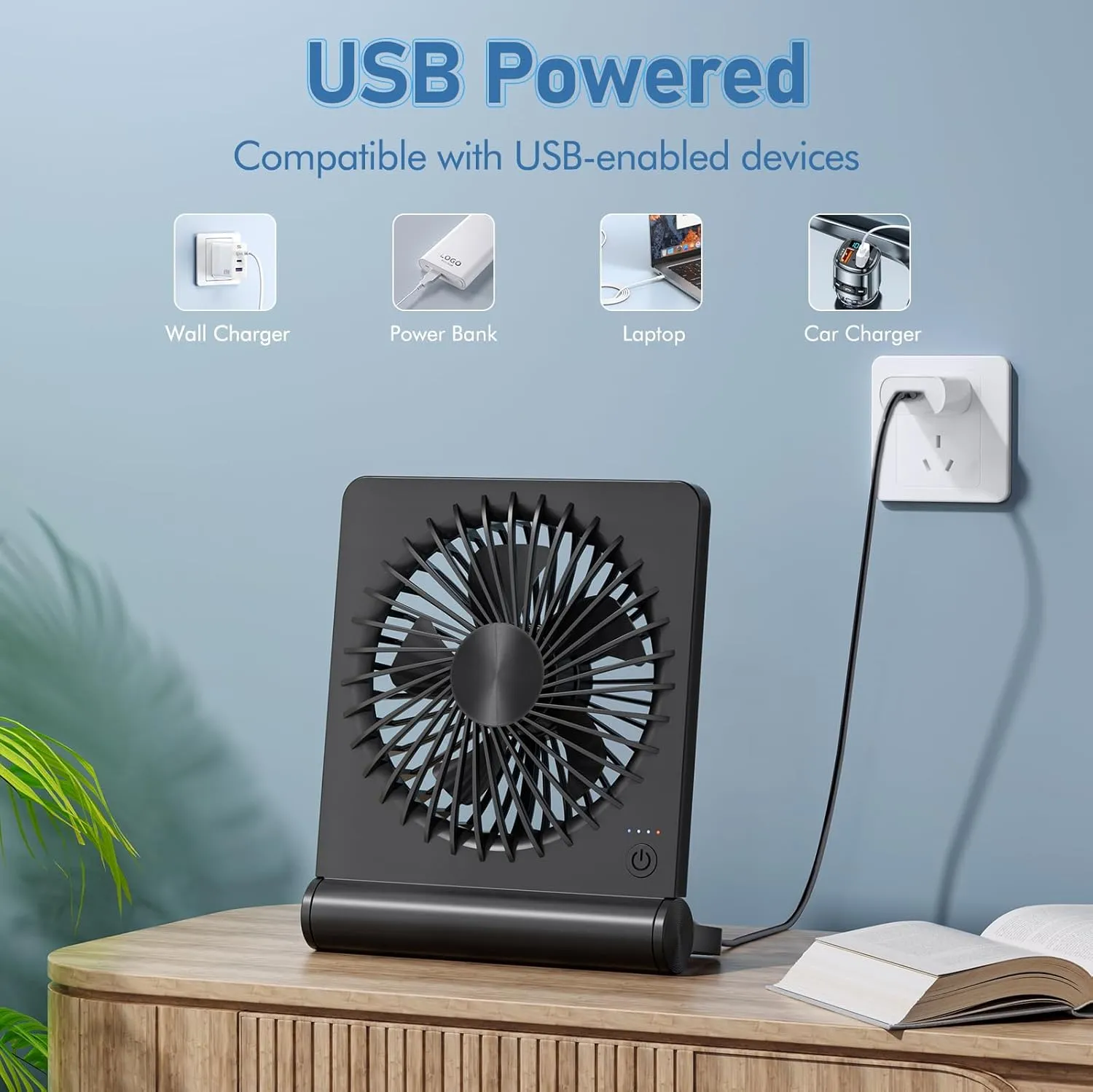 Desk Fan USB Powered with 3 Speeds Adjustable Strong Wind, Ultra Quiet Mini Personal Fan USB-C Corded Powered,220 Tilt Folding Plug In USB Fan
