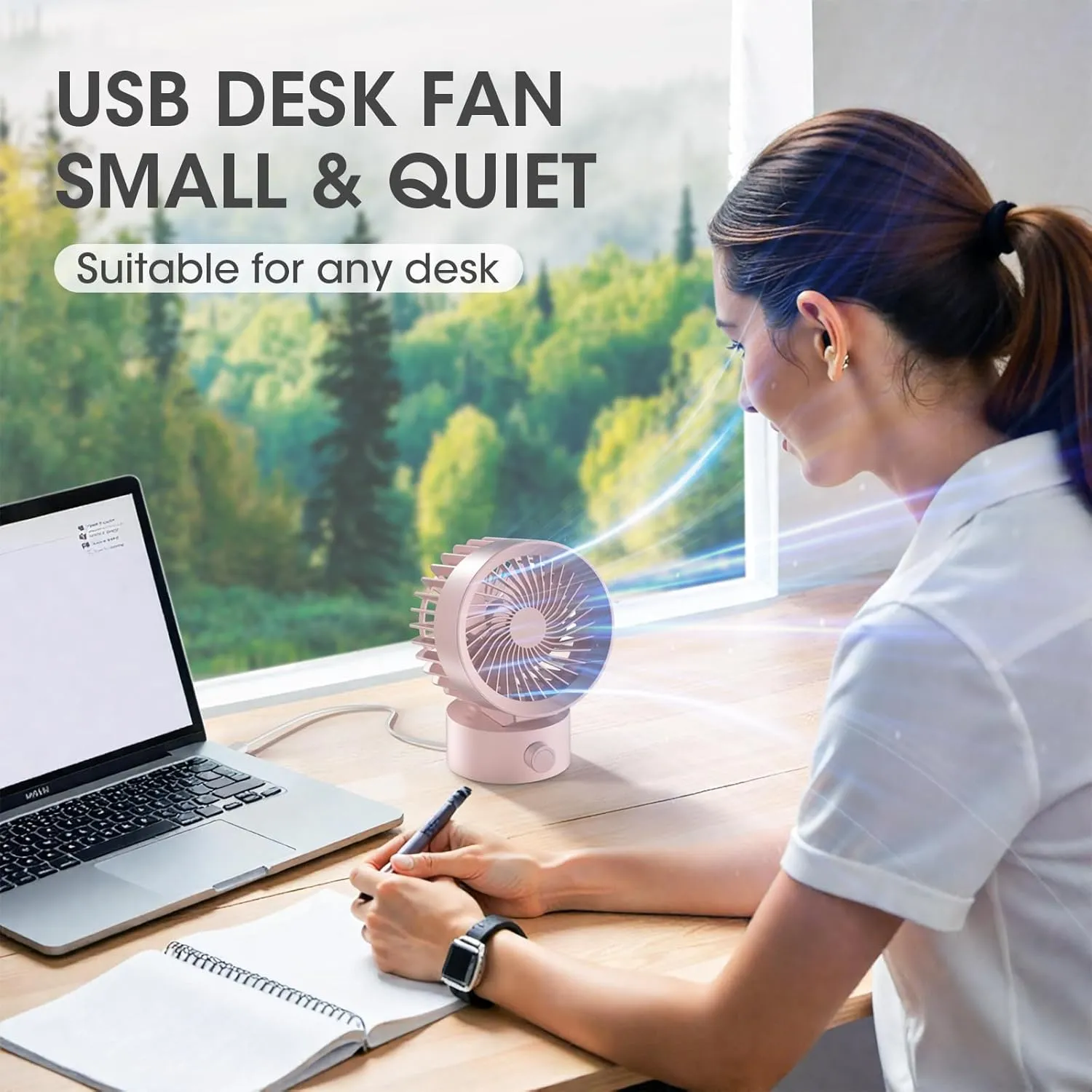 Desk Fan USB, Small Desk Fans Quiet, Stepless Speed Flexible Adjust, Mini Size for Home Office Dorm Desktop, Portable Travel Personal Cooling, Plug In USB Powered, Pink