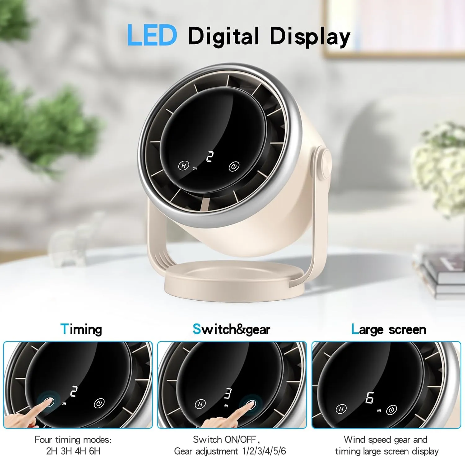 Desk Fan with Battery Operated, Quiet Digital Display Portable Fan 360Rotate, Whole Room Air Circulator Fan, USB Fans with 6 Speeds, Small Travel Camping Table Fan for Bedroom, Kitchen, Home, Outdoor