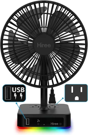 Desk Fan with USB Charging Port, 6.7 Inch 2 Speeds Small Desktop Table Fan with USB Charger, AC Outlet and LED Light, Strong Wind, Quiet Operation - Suitable for Bedroom, Home, Dorm Room USB desktop fan for workspace