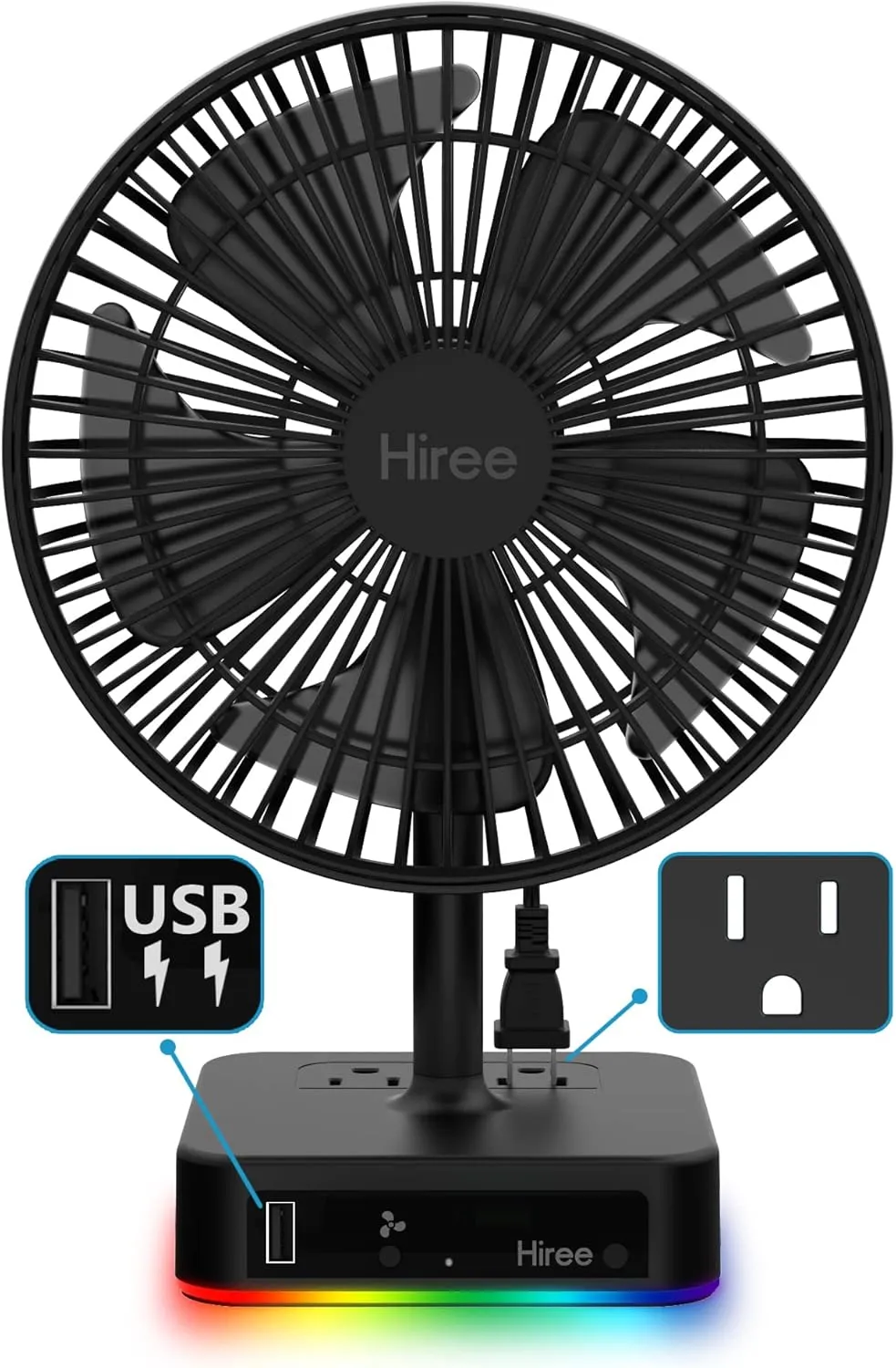 Desk Fan with USB Charging Port, 6.7 Inch 2 Speeds Small Desktop Table Fan with USB Charger, AC Outlet and LED Light, Strong Wind, Quiet Operation - Suitable for Bedroom, Home, Dorm Room USB desktop fan for workspace