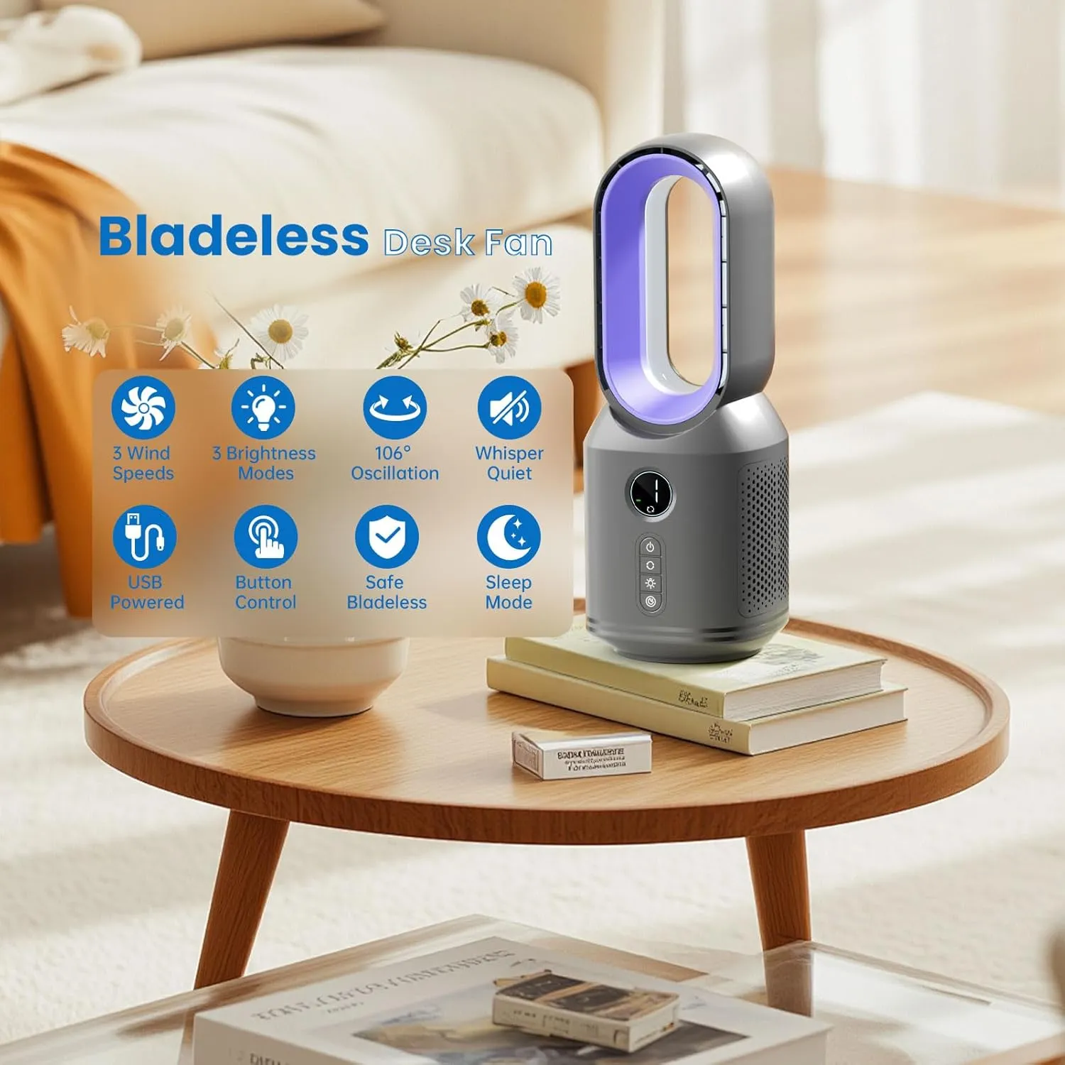 Desk Fan,13 Inch Portable Bladeless Fan, Small Quiet Office Fan with 106 Oscillating, 3 Speeds & Night light, LED Display, Button Control, Personal Table Fan for Bedroom, Office, Home, Study Room
