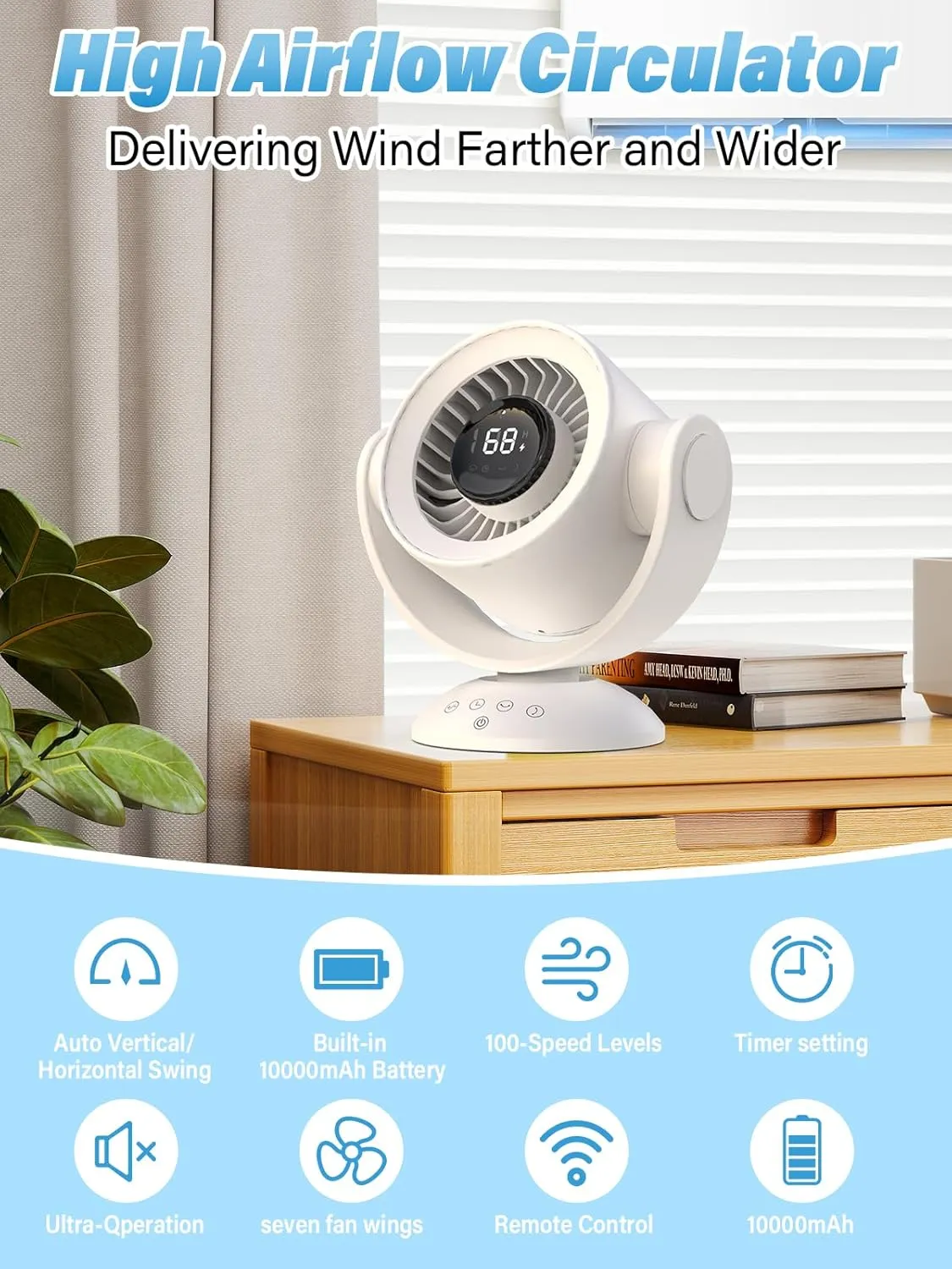 Desk Fans for Bedroom,Air Circulator Fan90Vertical  120Auto Oscillating, 100 Speeds, 10H Timer, Quiet Fan, Digital Display Rechargeable USB, with Remote,for Home, OfficeBeige